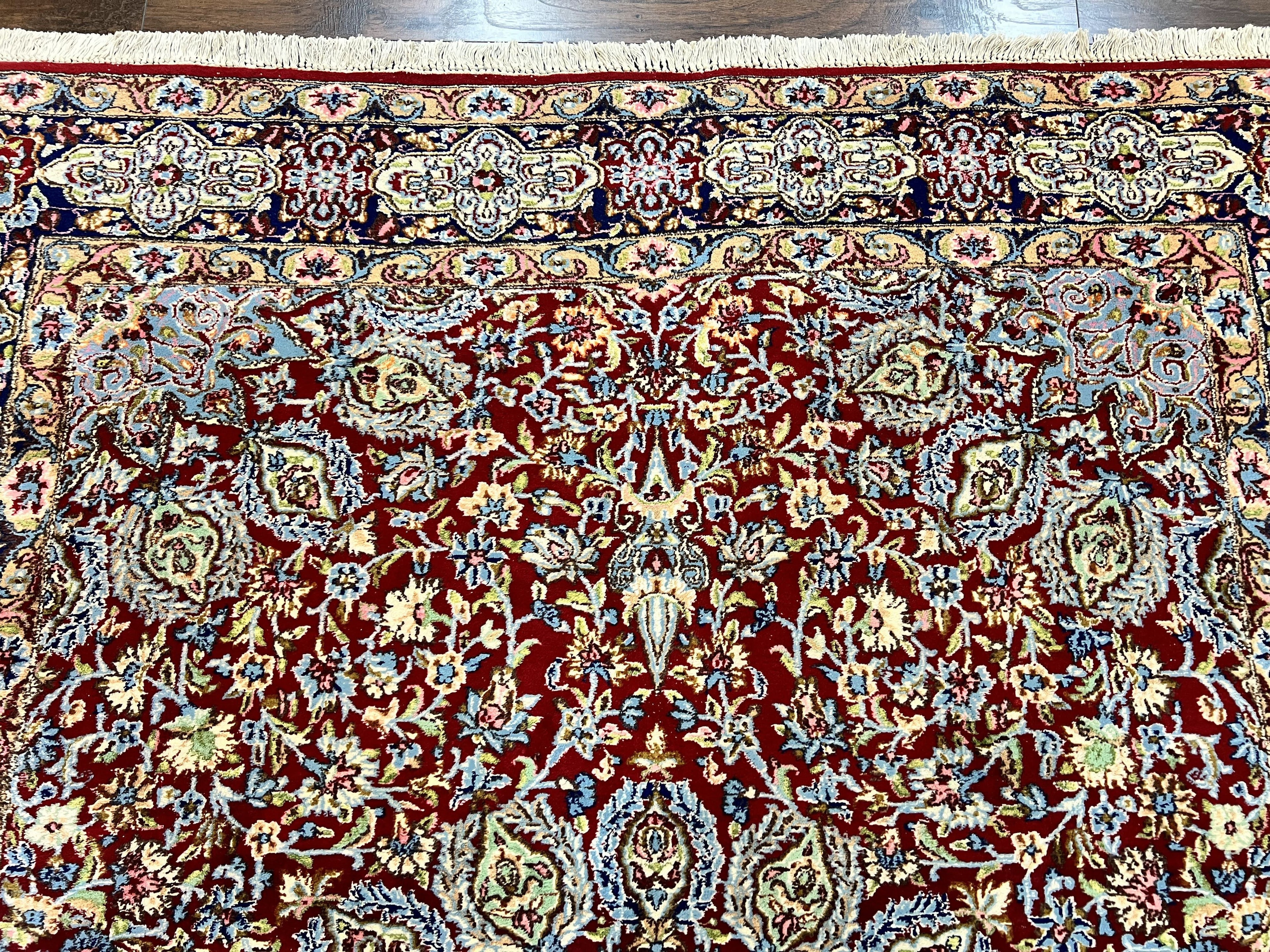 Persian Kirman Rug 7x10, Hand Knotted Wool Floral Medallion Carpet, Dark Red