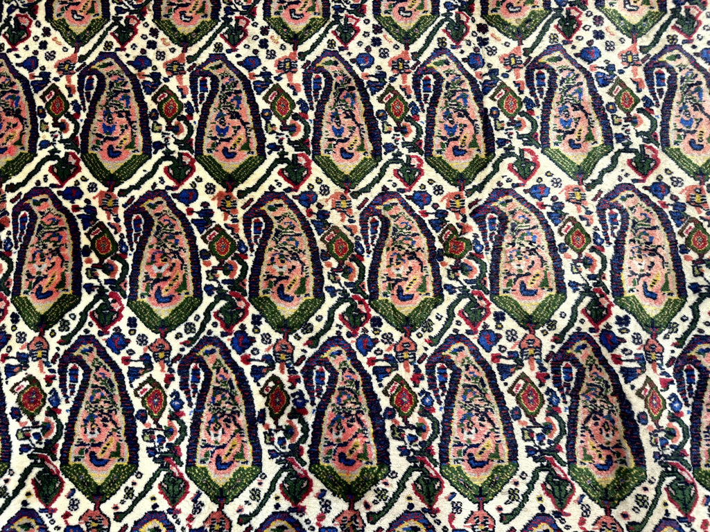 Persian Kurdish Rug 8x11, Repeated Allover Boteh Paisley Design, Bird Pictorials, Rare Antique Sannadaji Carpet