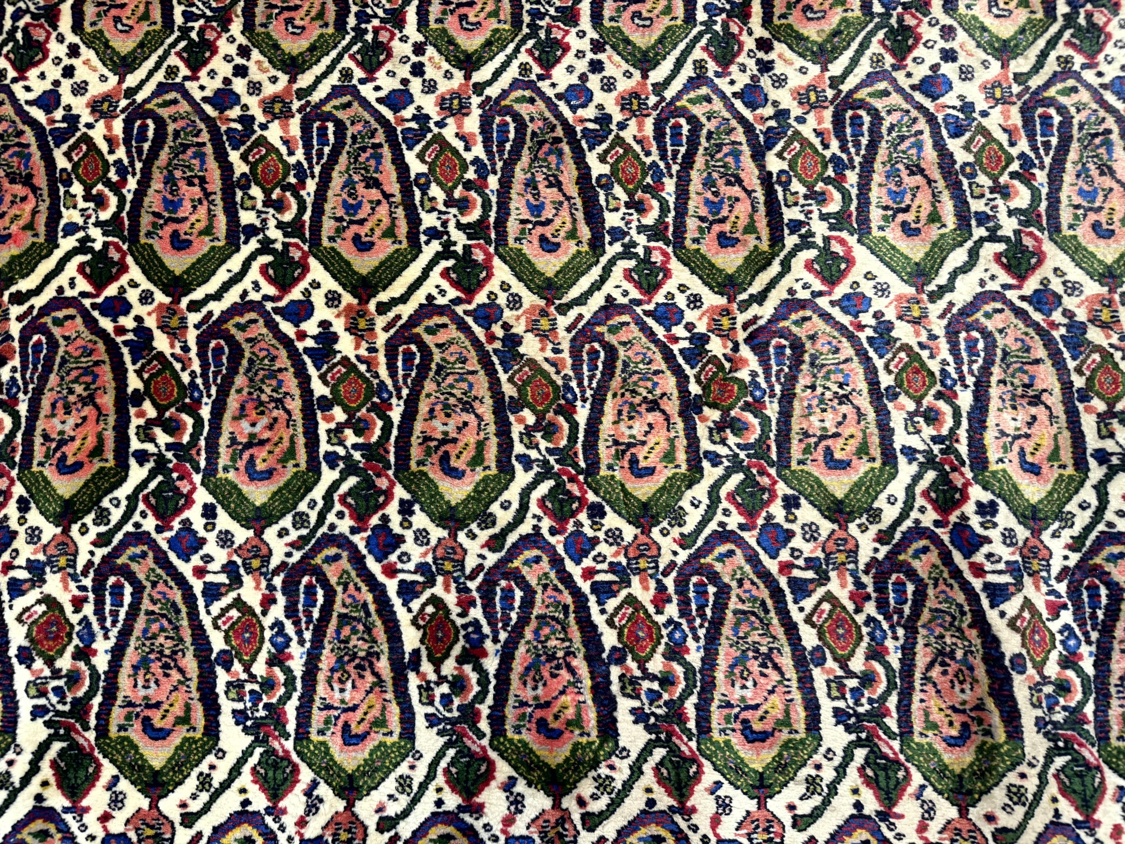Persian Kurdish Rug 8x11, Repeated Allover Boteh Paisley Design, Bird Pictorials, Rare Antique Sannadaji Carpet