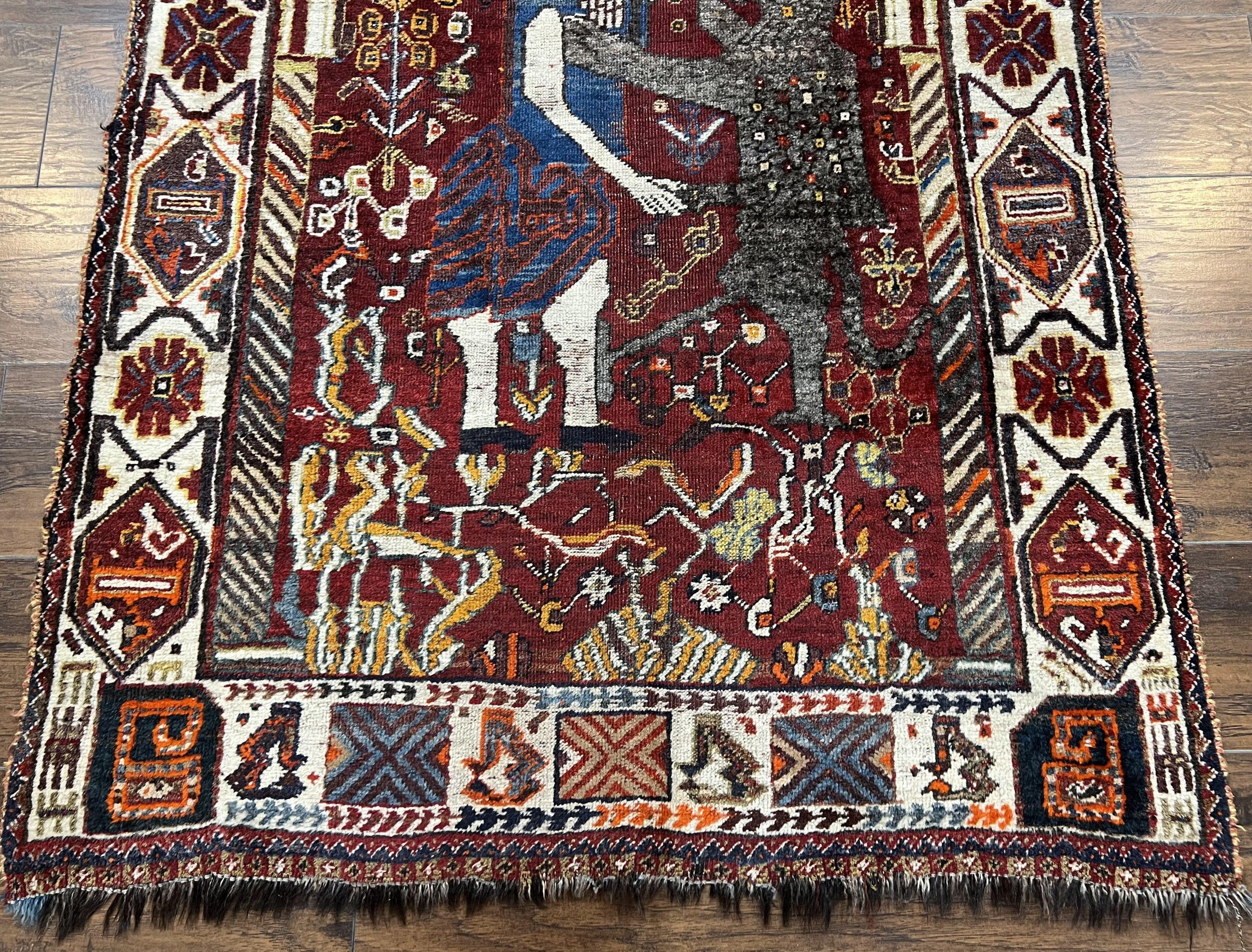 Antique Persian Shiraz Pictorial Rug 3.6 x 5, Persian Tribal Rug, Handmade, Lions, Highly Unique Collectible Small Persian Carpet, Maroon, Wool