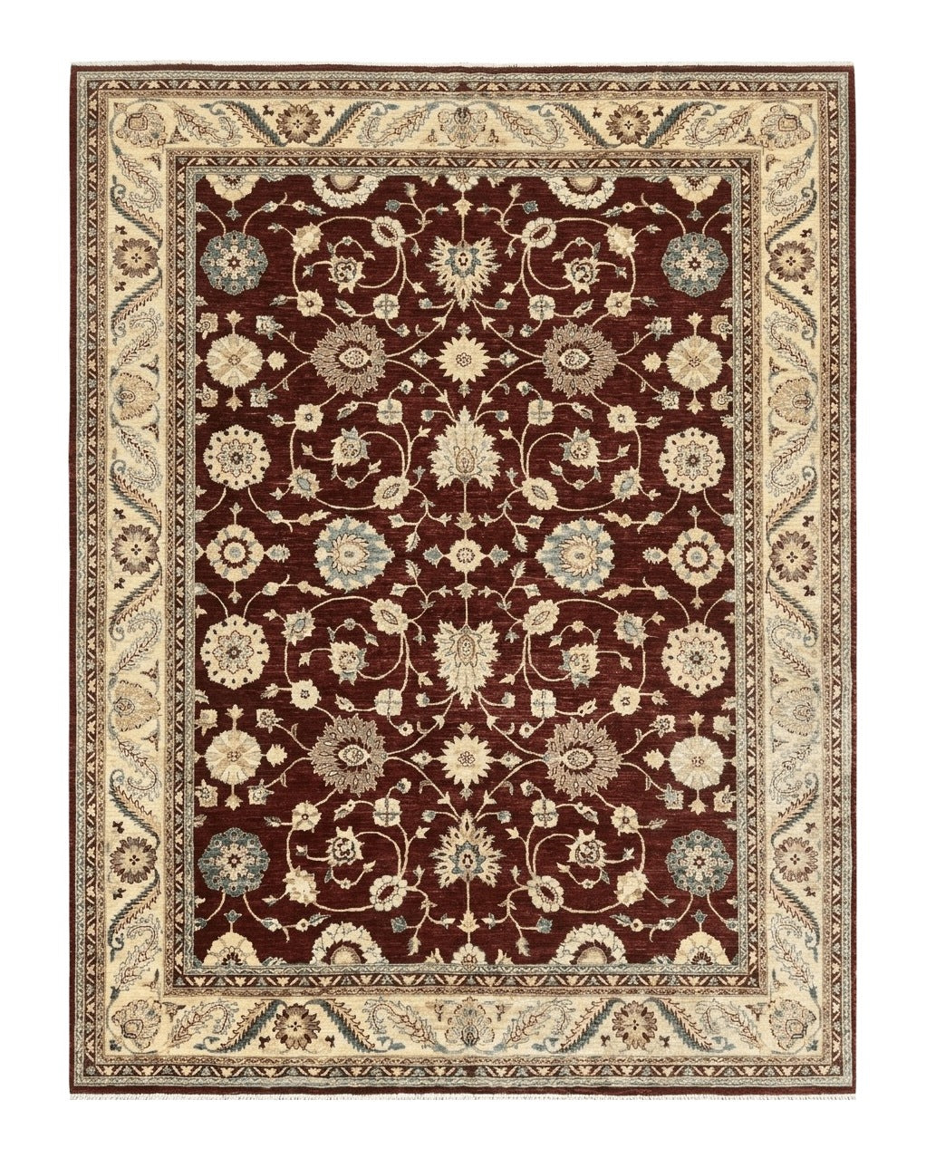 Peshawar Rug 9x11, Pakistani Oriental Carpet, Maroon and Beige, Floral Allover, Wool Hand Knotted Handmade Vintage Rug