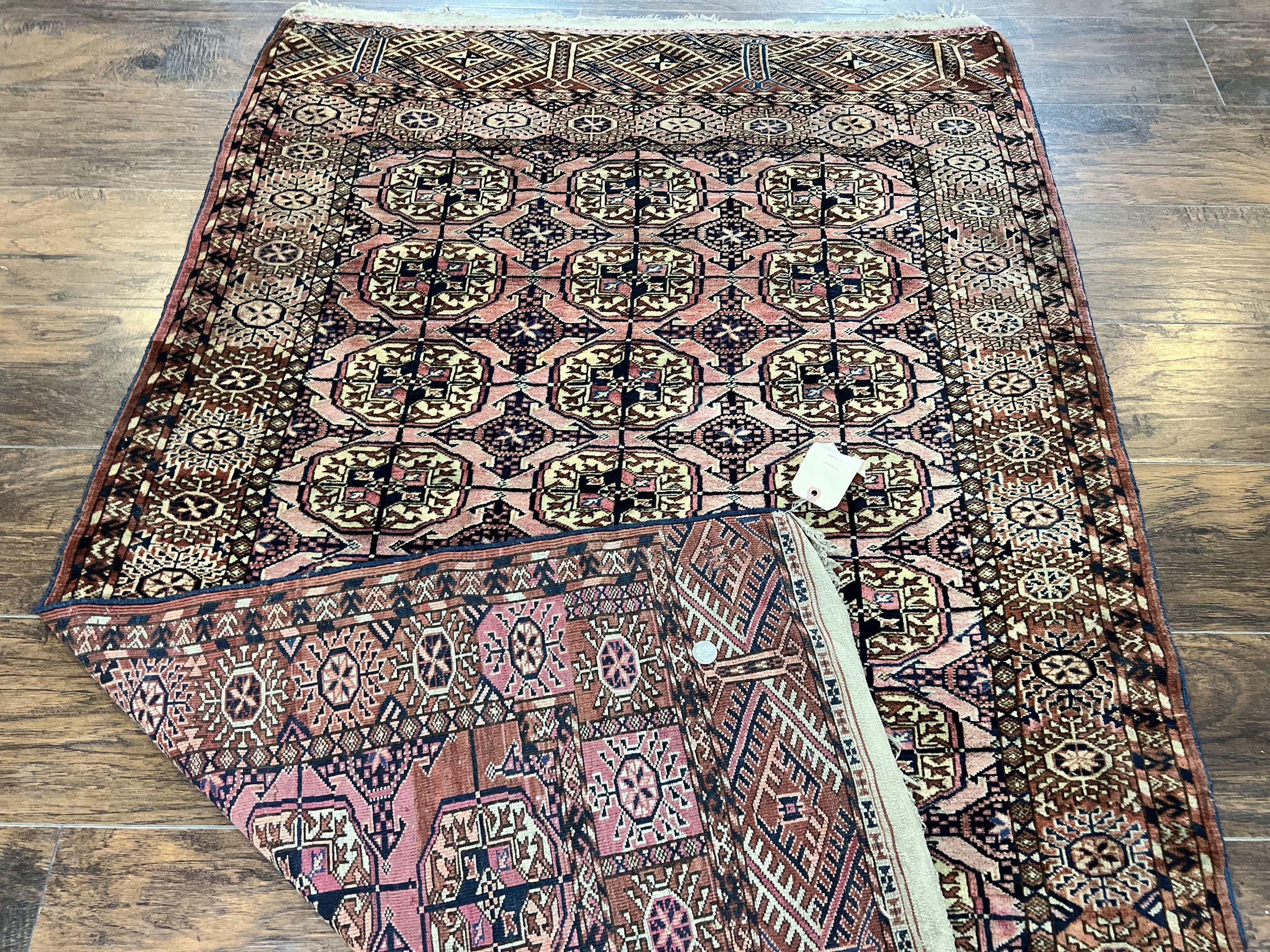 Persian Turkoman Rug 4x6, Wool Hand Knotted Antique Bokhara Carpet, Red Pink, Handmade Tribal Oriental Rug 4 x 6 ft