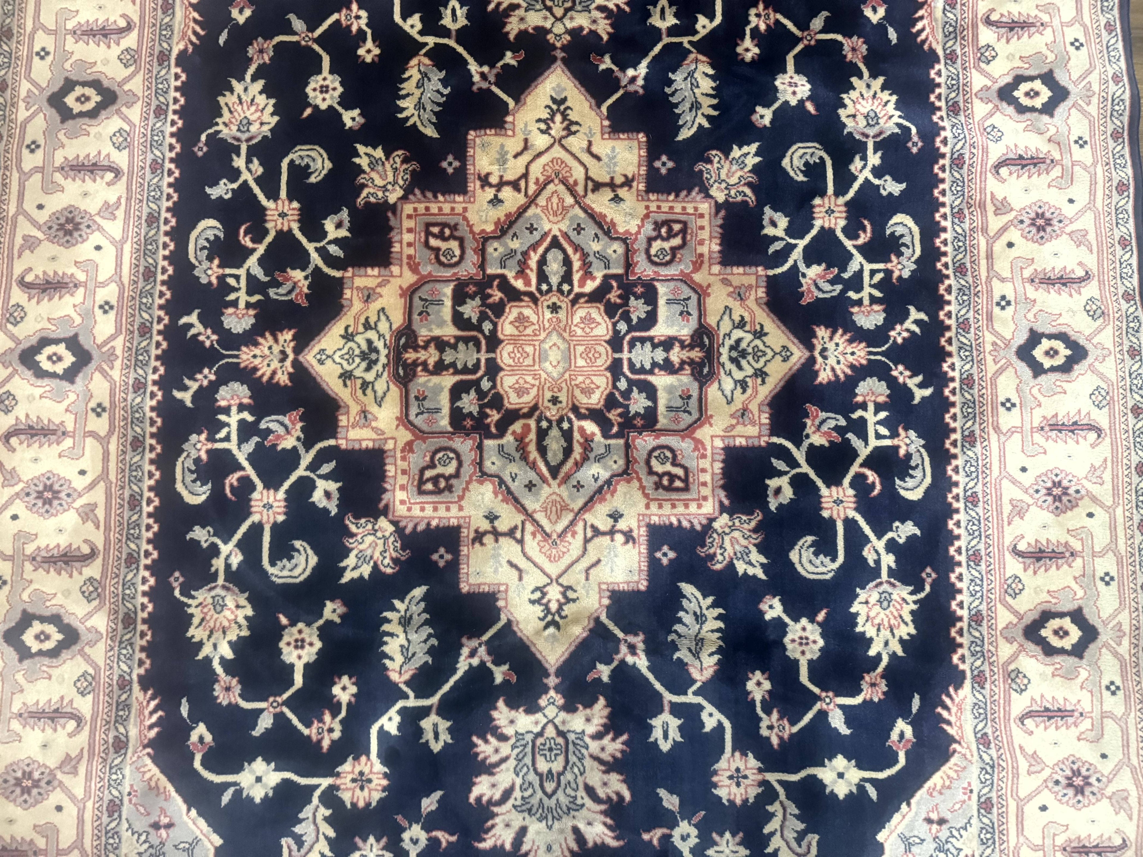 Karastan Rug Navy Serapi, Kara Shah Rug, Navy Blue, 5.6 x 8.6, Vintage Karastan Area Rug, Wool Pile Karastan Rug