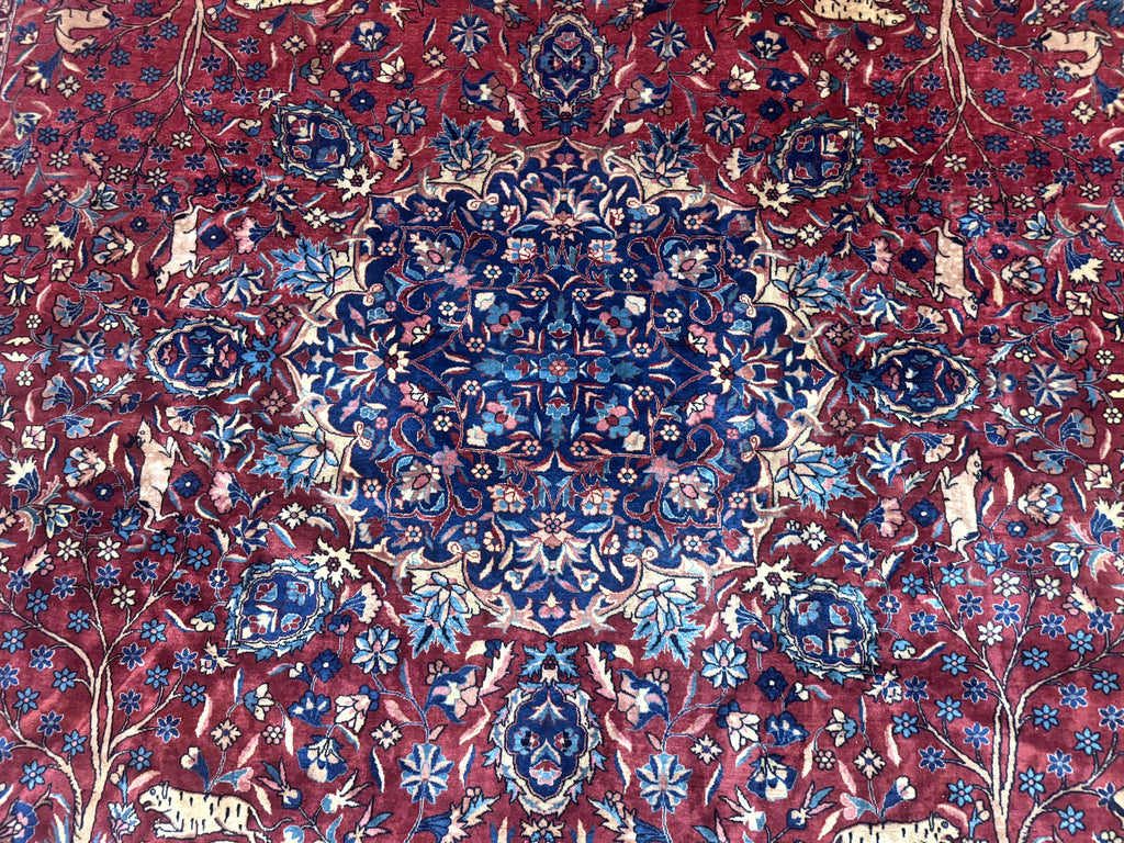 Antique Indo Persian Kerman Rug 9x12 Red Manchester Wool Animal Pictorials, Fine 290 KPSI