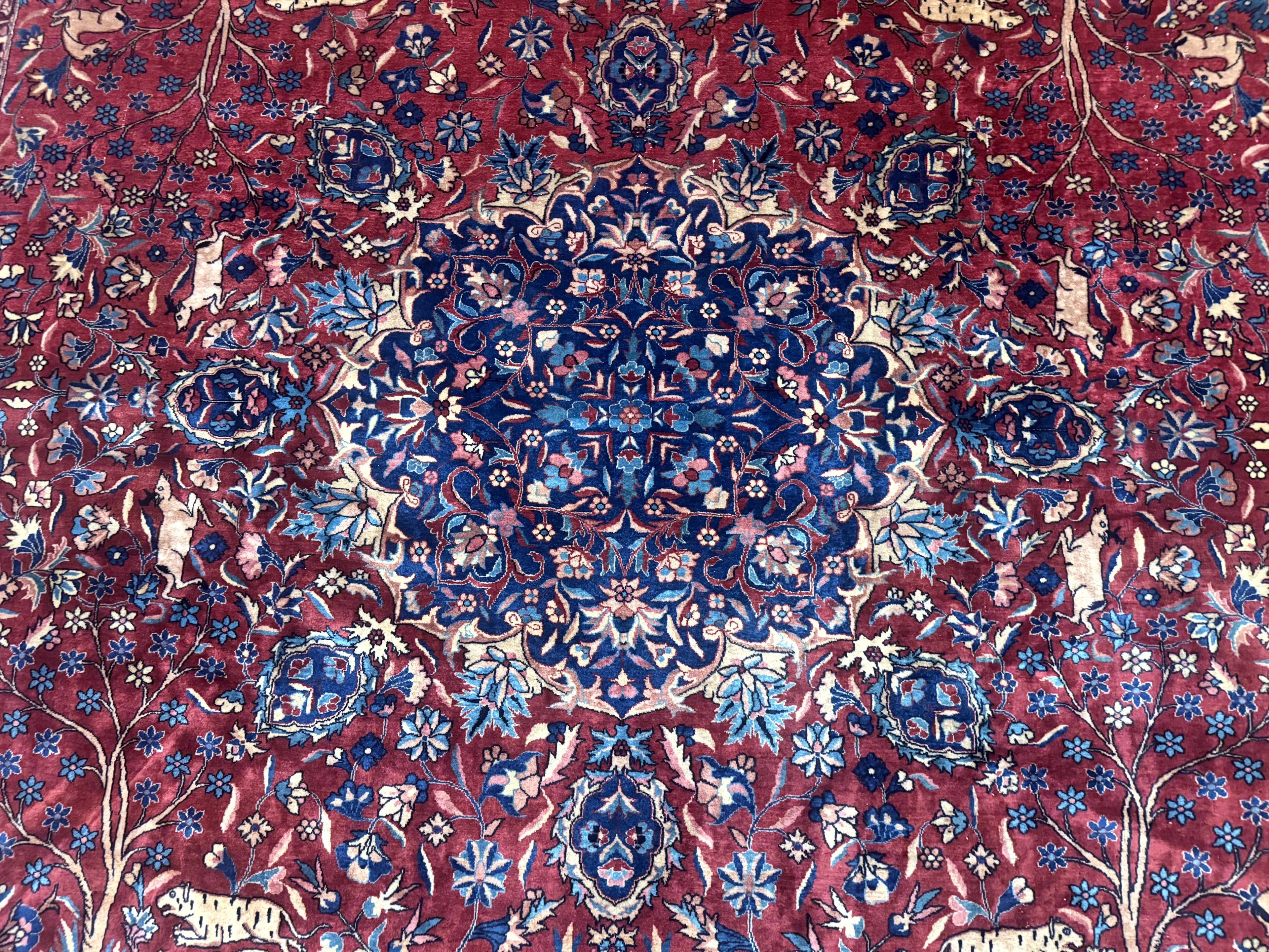 Antique Indo Persian Kerman Rug 9x12 Red Manchester Wool Animal Pictorials, Fine 290 KPSI