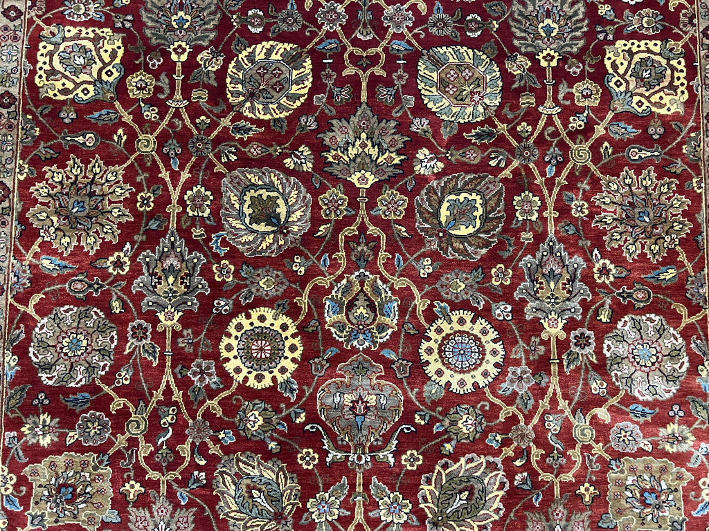 Indo Persian Rug 9x12, Hand Knotted Traditional Indian Wool Oriental Carpet 9 x 12 ft, Maroon and Navy Blue, Floral Allover 9x12 Vintage Rug