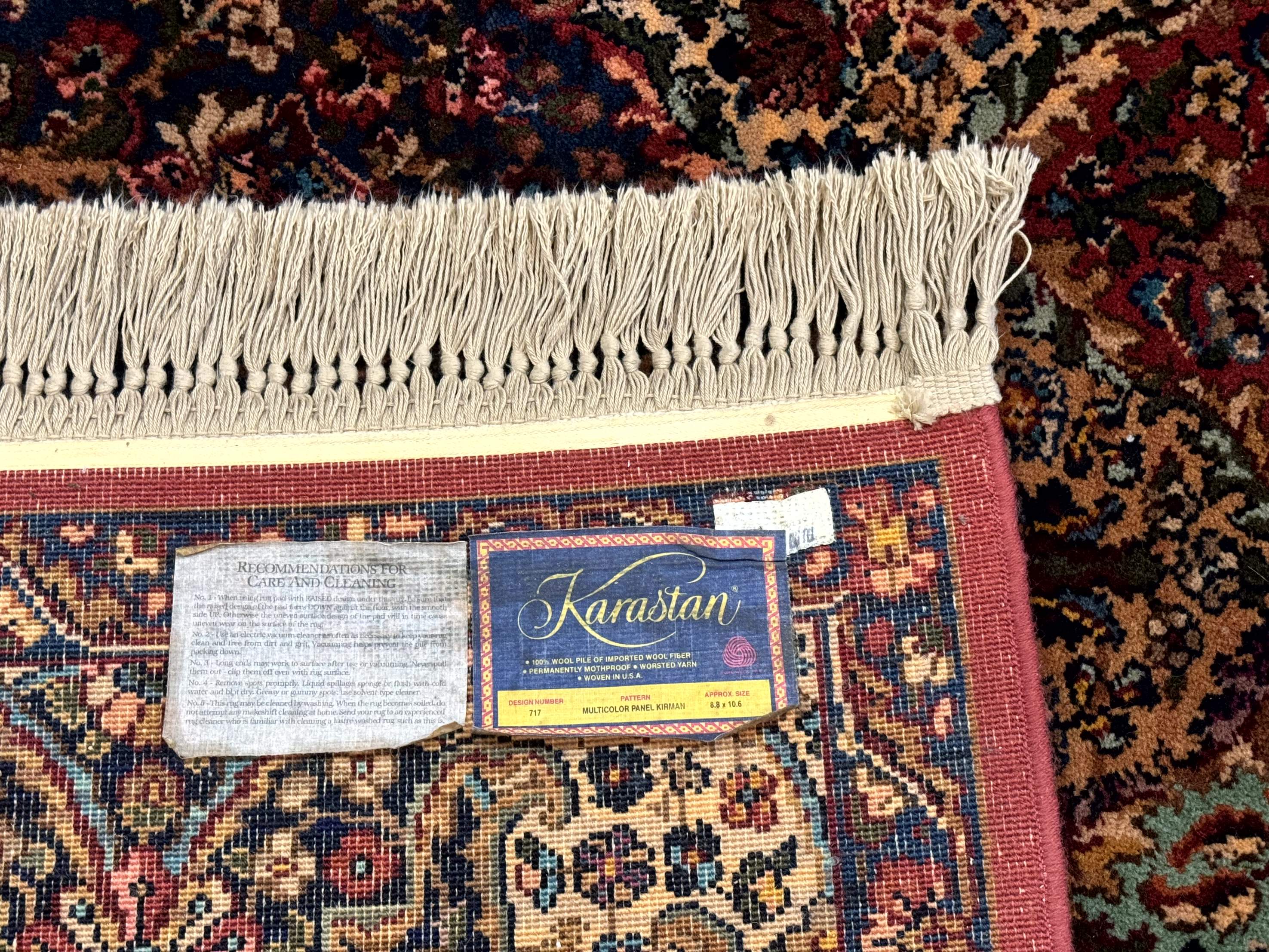 Karastan Rug 8.8 x 10.6, Multicolor Panel Kirman Rug #717, Original 700 Series, Wool