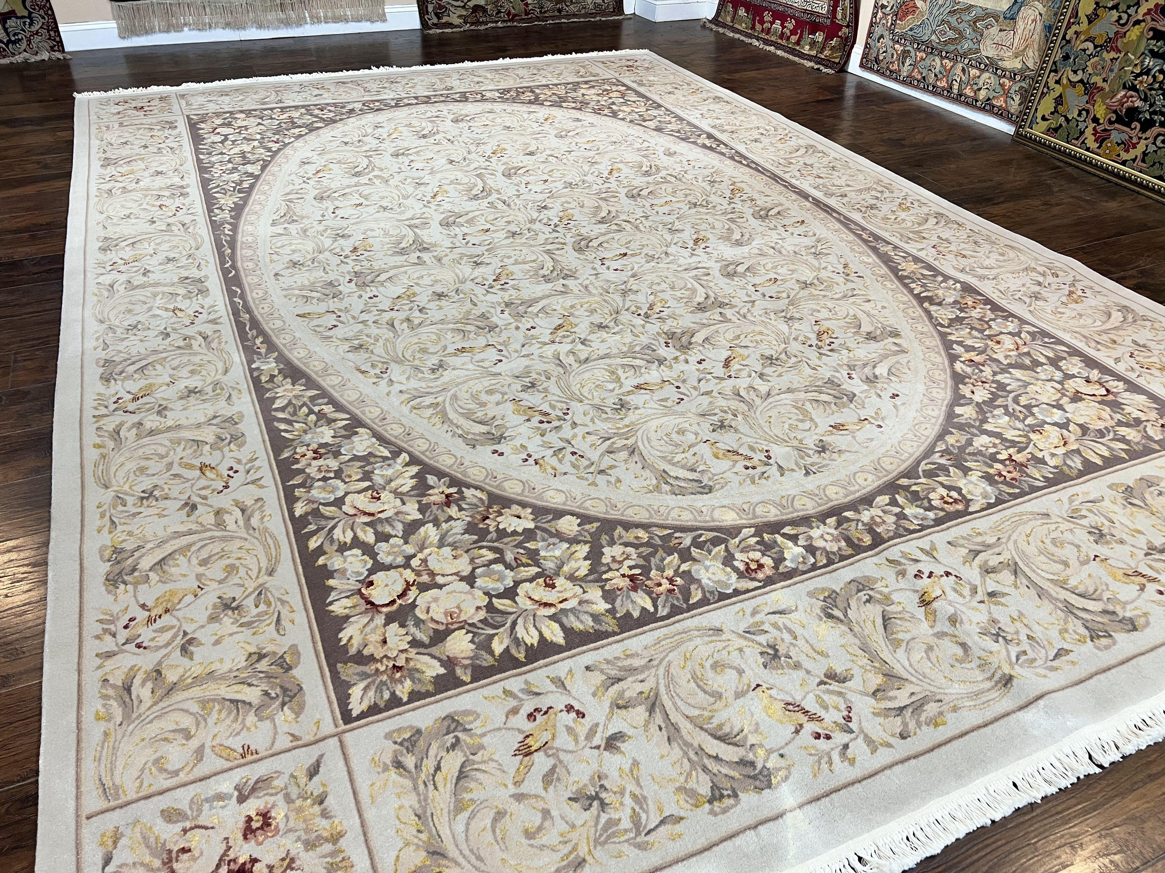 Aubusson Rug 10x14, Wool & Silk Highlights Hand Knotted Vintage Carpet, Birds Flowers, Fine Details, Elegant