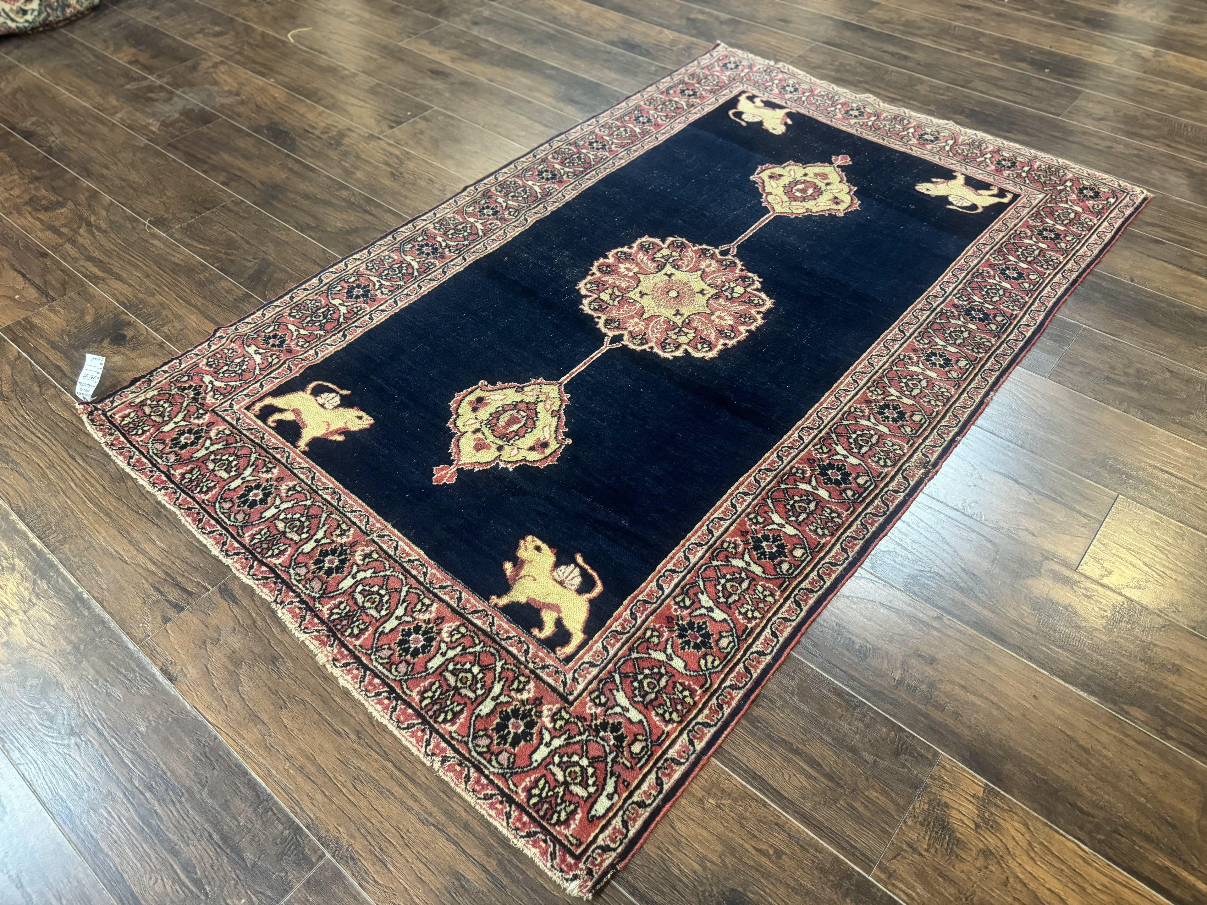 Antique Persian Mashad Rug 4x6, Semi Open Field, Navy Blue, Lion Pictorials, Triple Medallion, Dorokhsh Rug