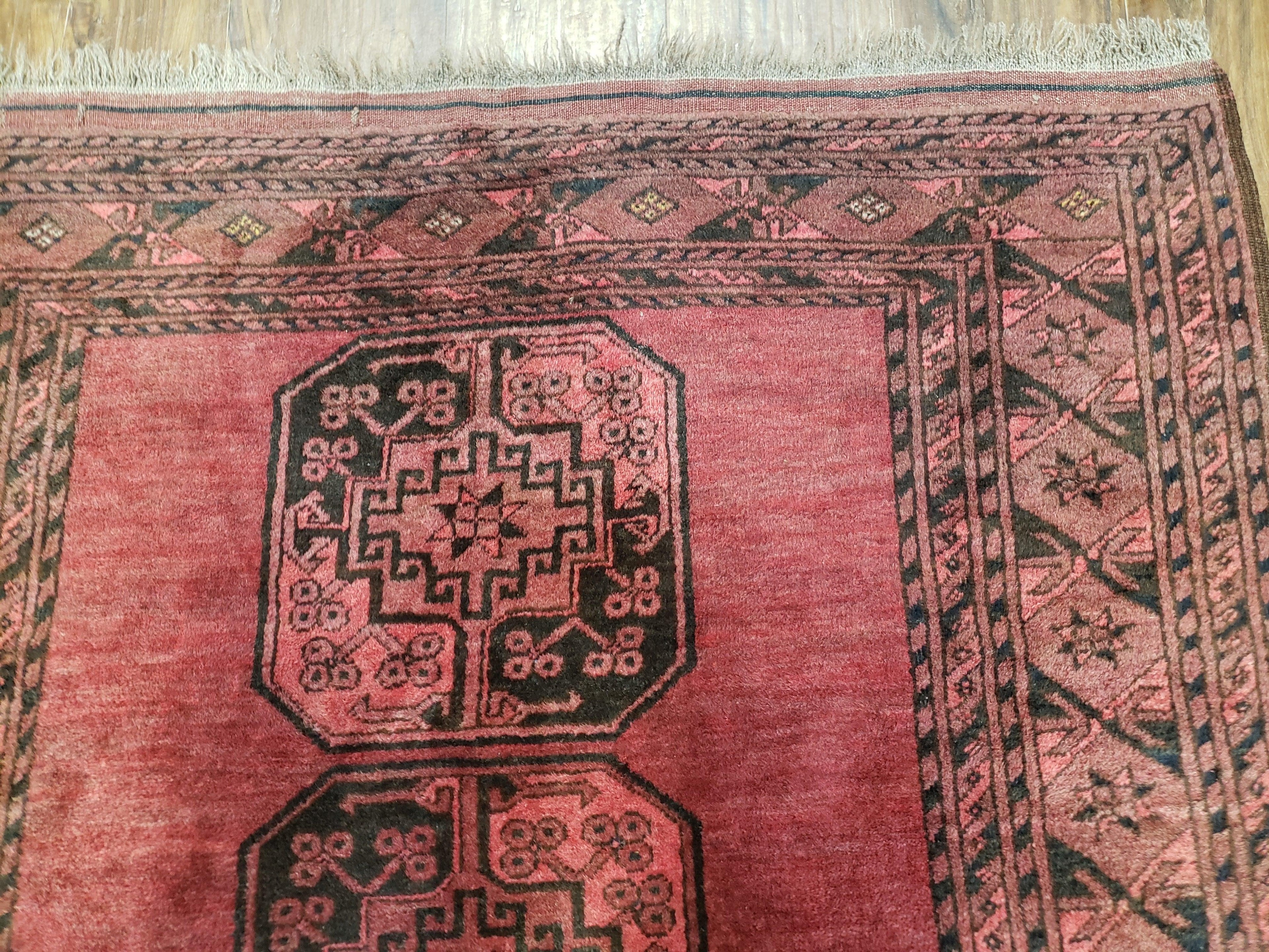 Antique Bukhara Area Rug, Vintage Afghan Bokhara Bashir Rug, 4x6 Hand-Knotted Oriental Carpet, Red & Black Wool Rug, 4' x 5'9