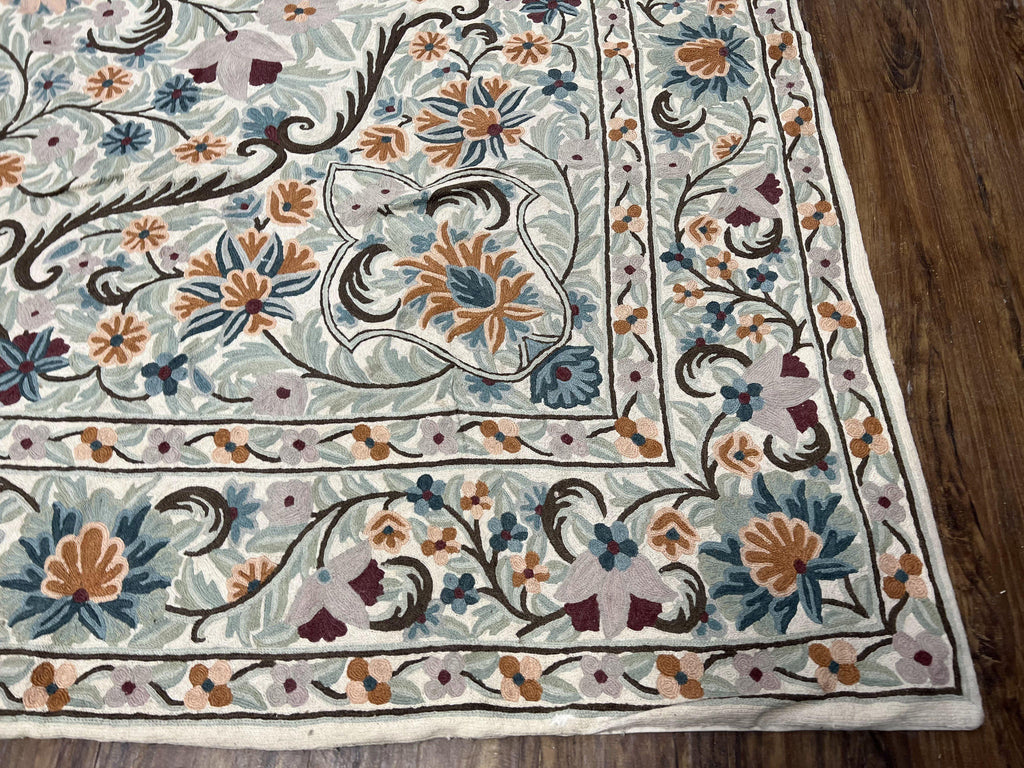 Chain Stitched Rug 9x12 Vintage Carpet 9 x 12 Flatweave Rug, Ivory Teal Rug, Area Rug 9 by 12, Hand Stitched Rug, Medallion, Indian Rug