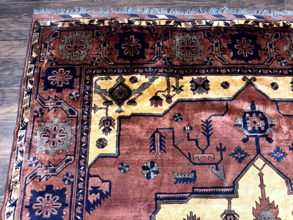 Afghan Heriz Rug 9x12, Tribal Geometric Serapi Carpet, Rust Cream and Navy, Wool on Wool