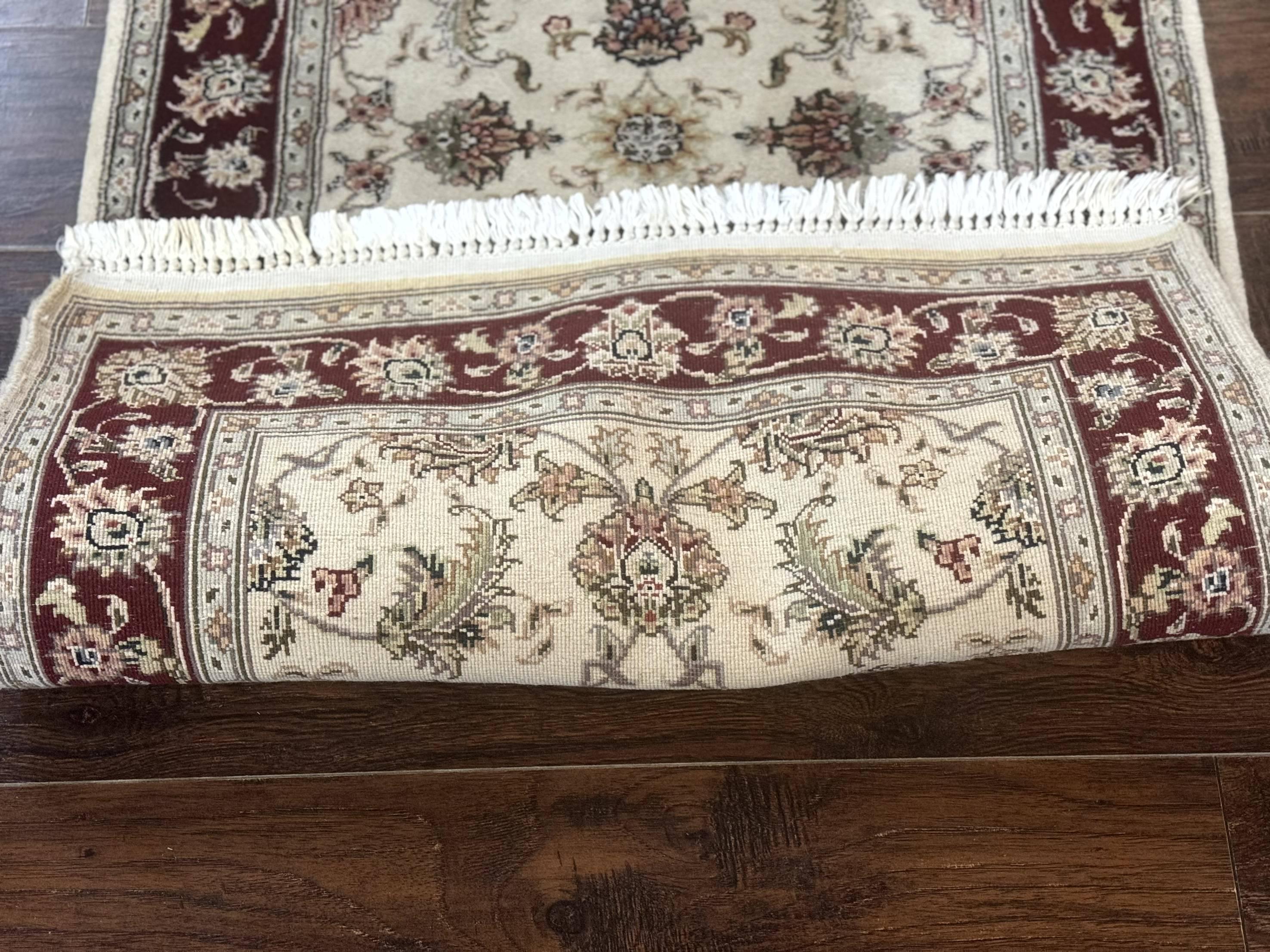Pak Persian Runner Rug 2.8 x 8, Handmade Vintage Carpet, Beige and Maroon, Wool and Silk Highlights