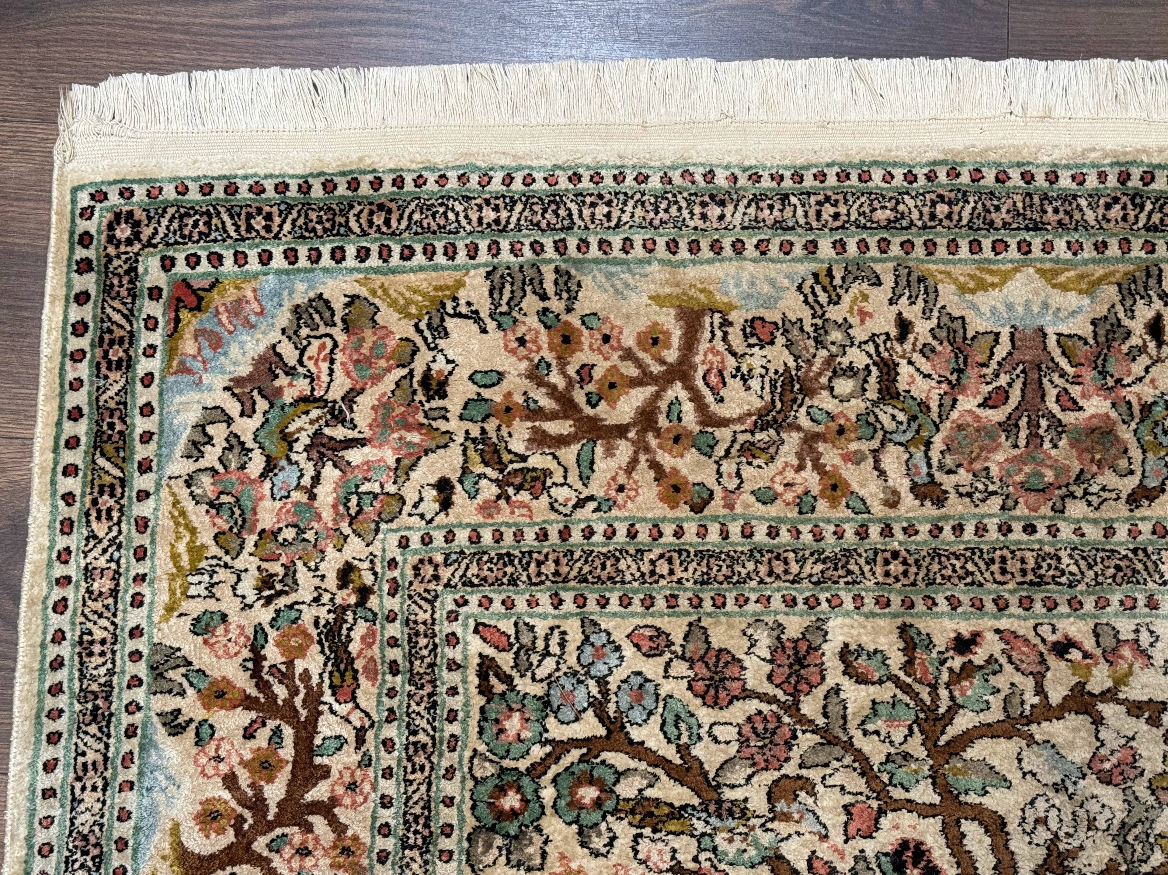 Indian Kashmiri Silk Rug 4x7, Tree of Life Design, Very Fine 380 KPSI, Birds