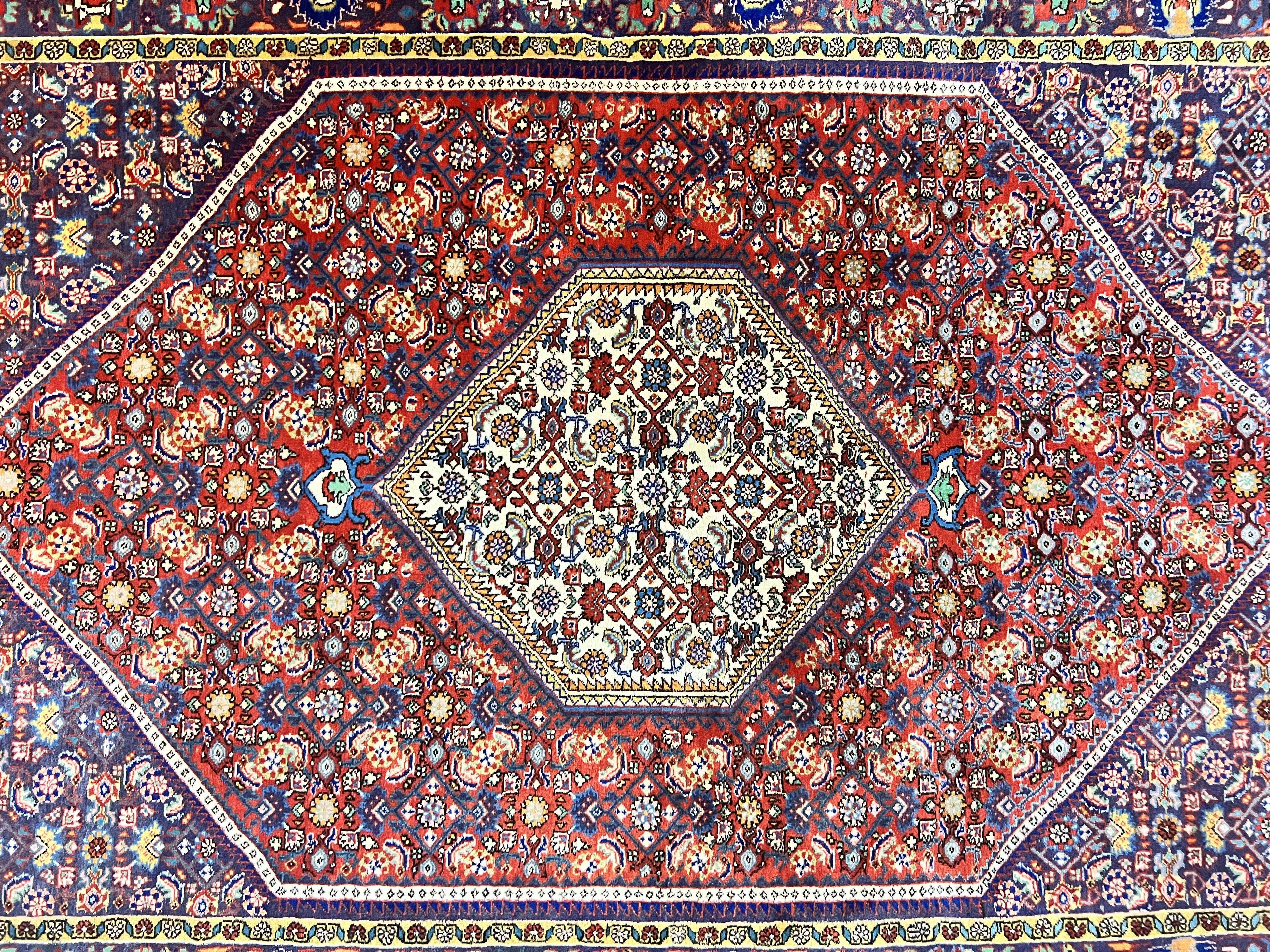 Persian Bidjar Rug 4x6, Handmade Oriental Carpet, Fine Weave, Herati Mahi Pattern, Vintage, Red, 300 KPSI
