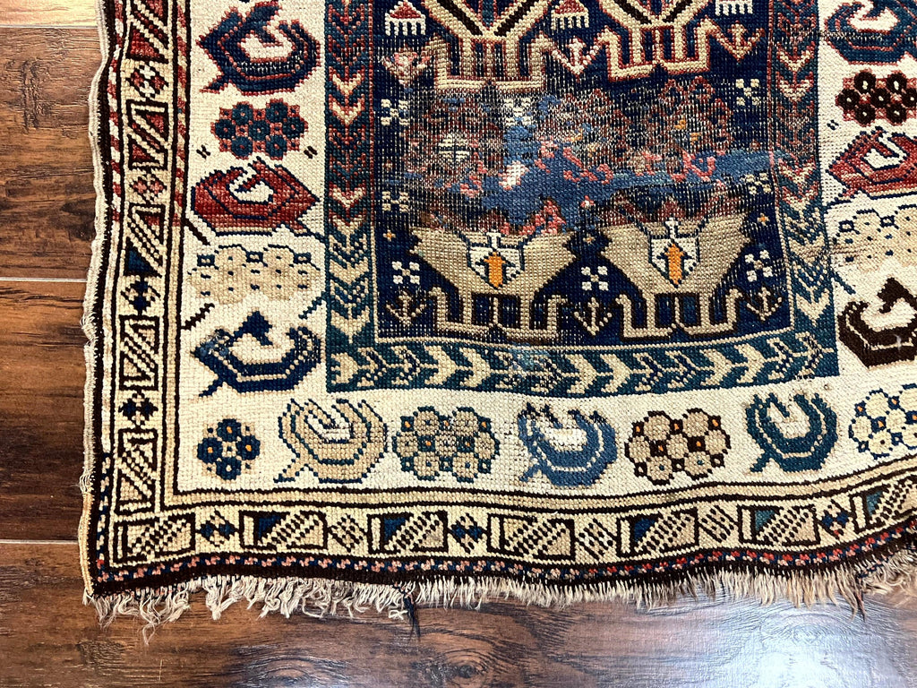 Antique Caucasian Kazak Rug 2.5 x 4, Navy Blue and Ivory, Hand Knotted Handmade Wool Rug
