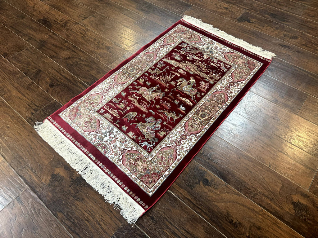 Dark Red Turkish Silk Rug 2.6 x 4, Hunting Design Scene, Bamboo Silk