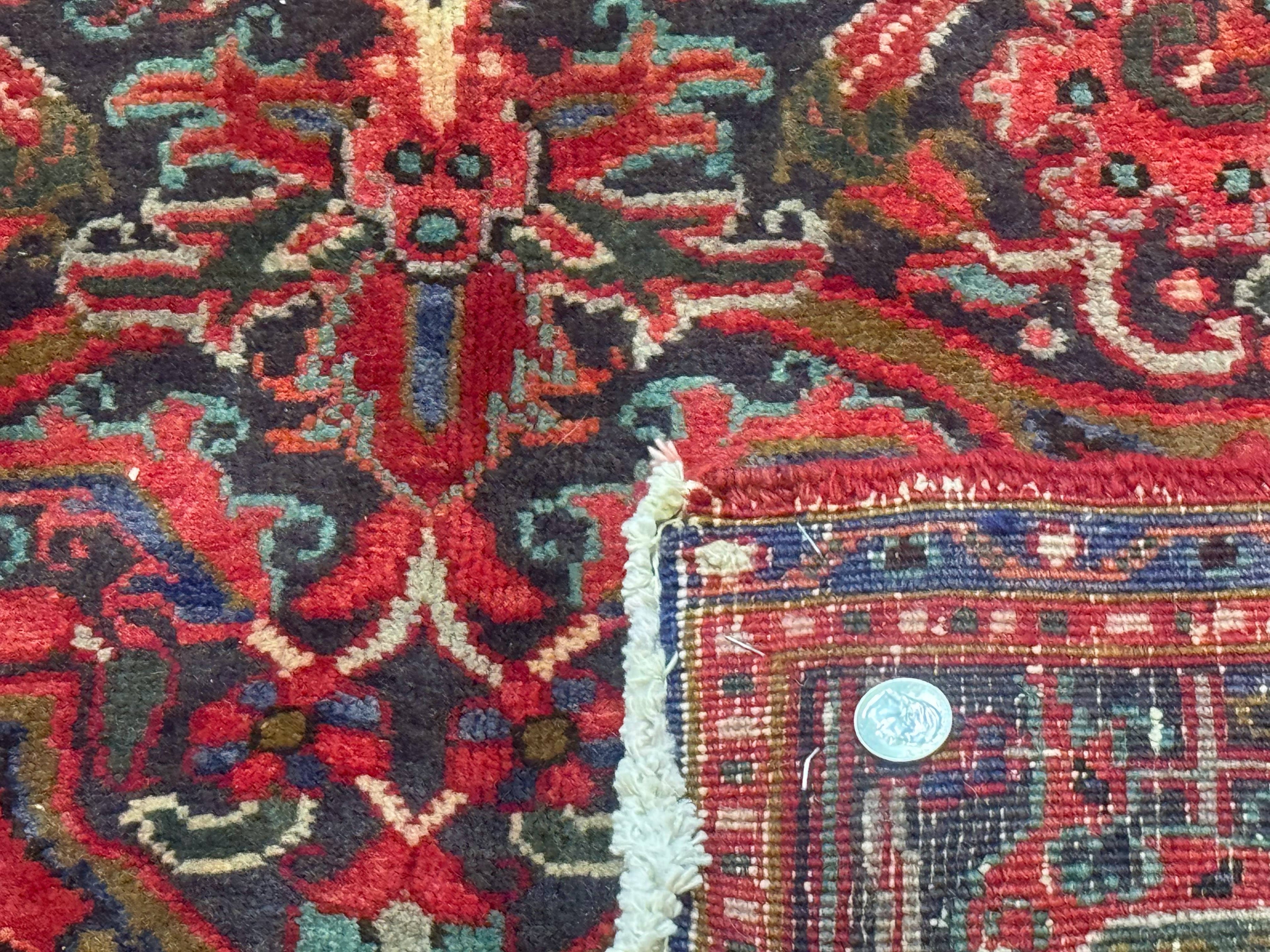 Persian Heriz Rug 7x10, Red and Navy, Geometric Medallion, Vintage Wool Carpet