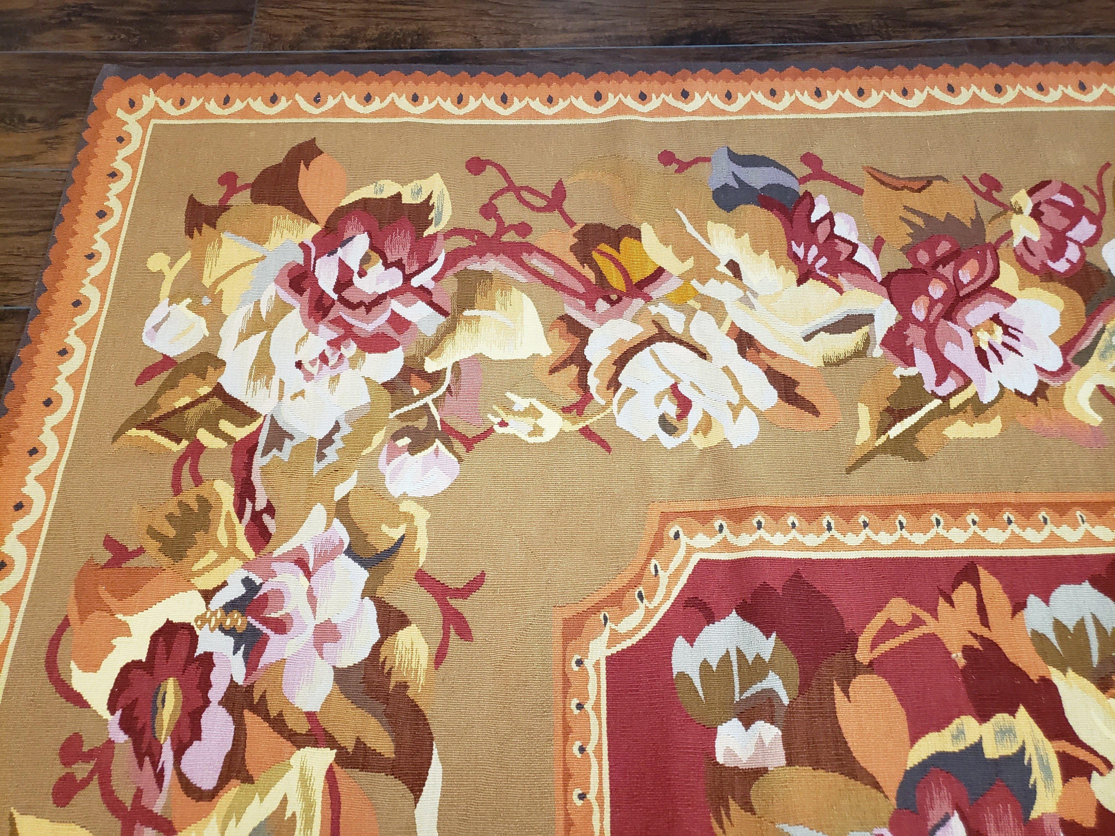 Vintage Chinese Aubusson Savonnerie Flat Pile Rug 9.9 x 14.5 Wool Handwoven Red & Khaki Large Flowers Rug 9x14 - 10x15 Michaelian Kolhberg