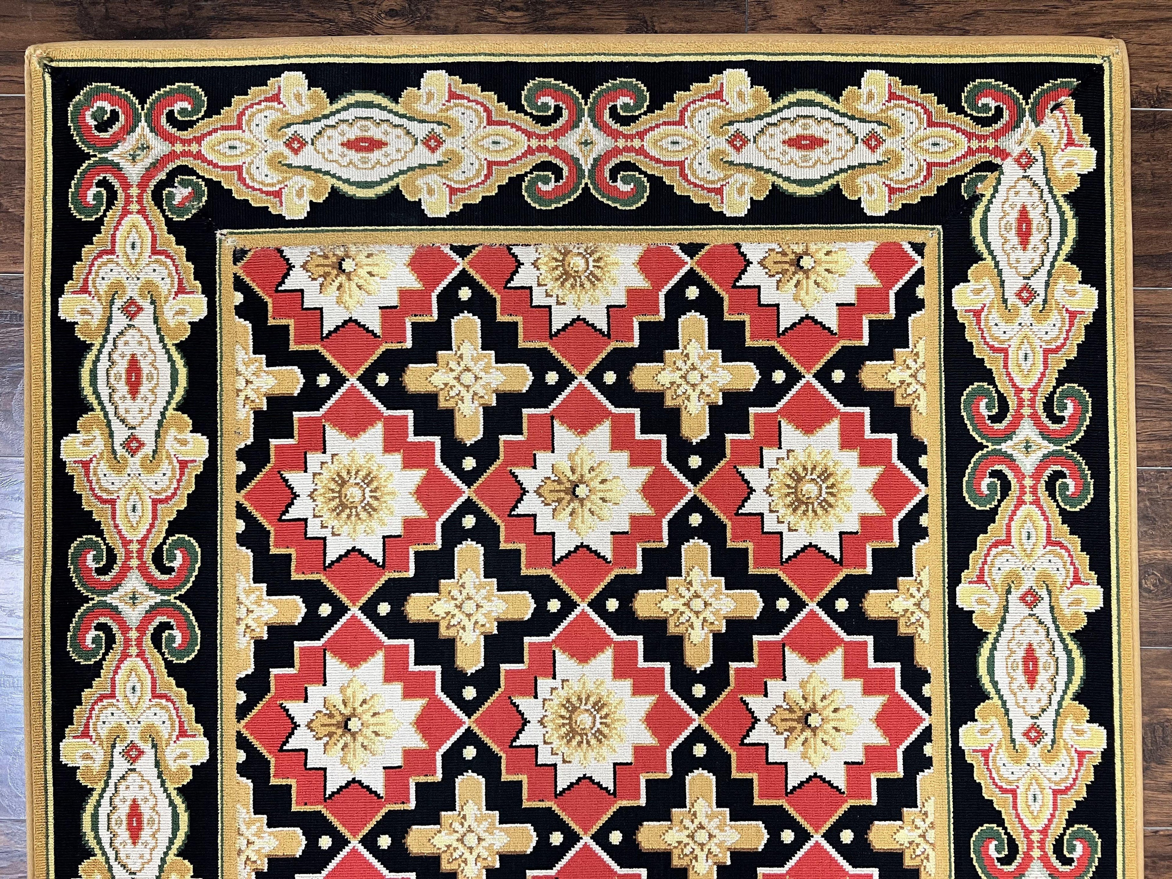 Runner Rug 4x19, Panel Design Rug, Custom Made Stark Runner Carpet, Wool, Vintage 4 x 19 Hallway Rug, European Design, Red Black Ivory Tan
