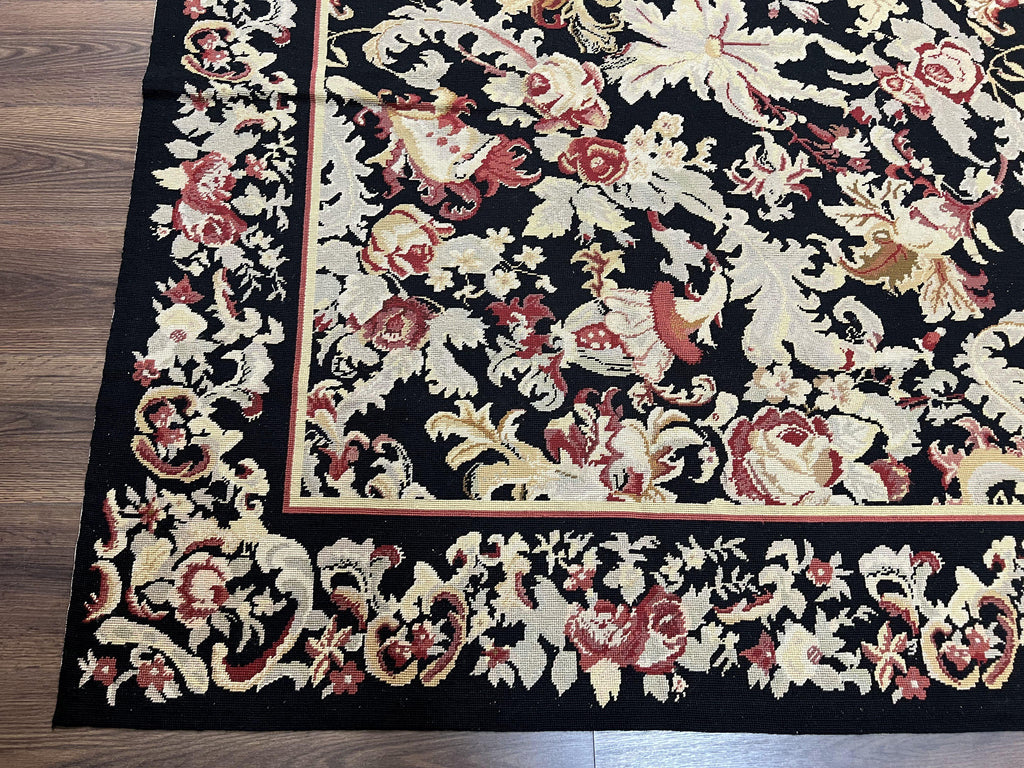 Wool Needlepoint Rug 9x12, William Morris Vintage Chinese Needlepoint Carpet 9 x 12, Handwoven, Allover Floral Area Rug, Black Light Green