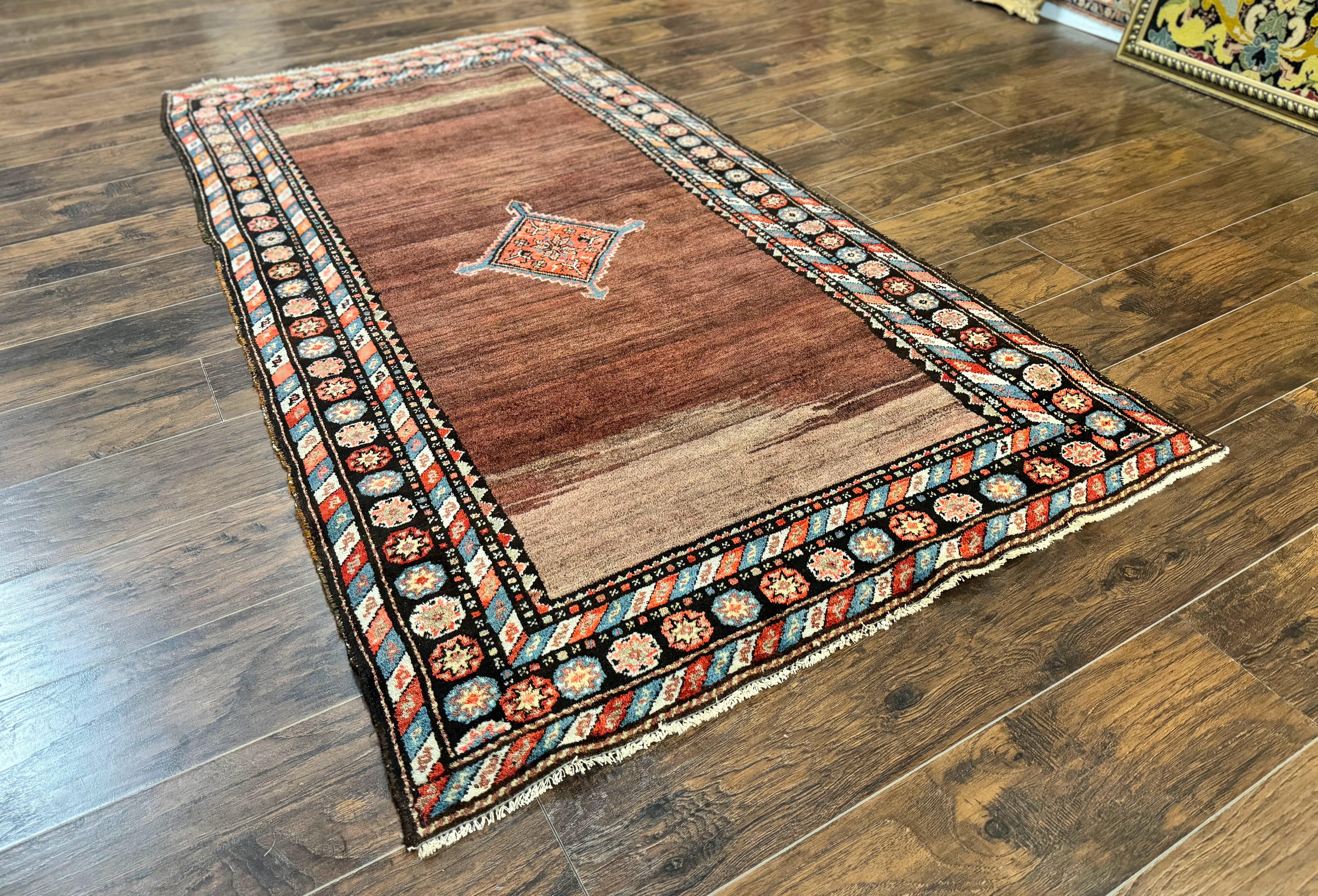 Antique Persian Rug 4x7, Sarab Tribal Wool Carpet, Brown and Multicolor, Handmade Wide Runner Rug 4 x 7, Open Field, Rainbow Border