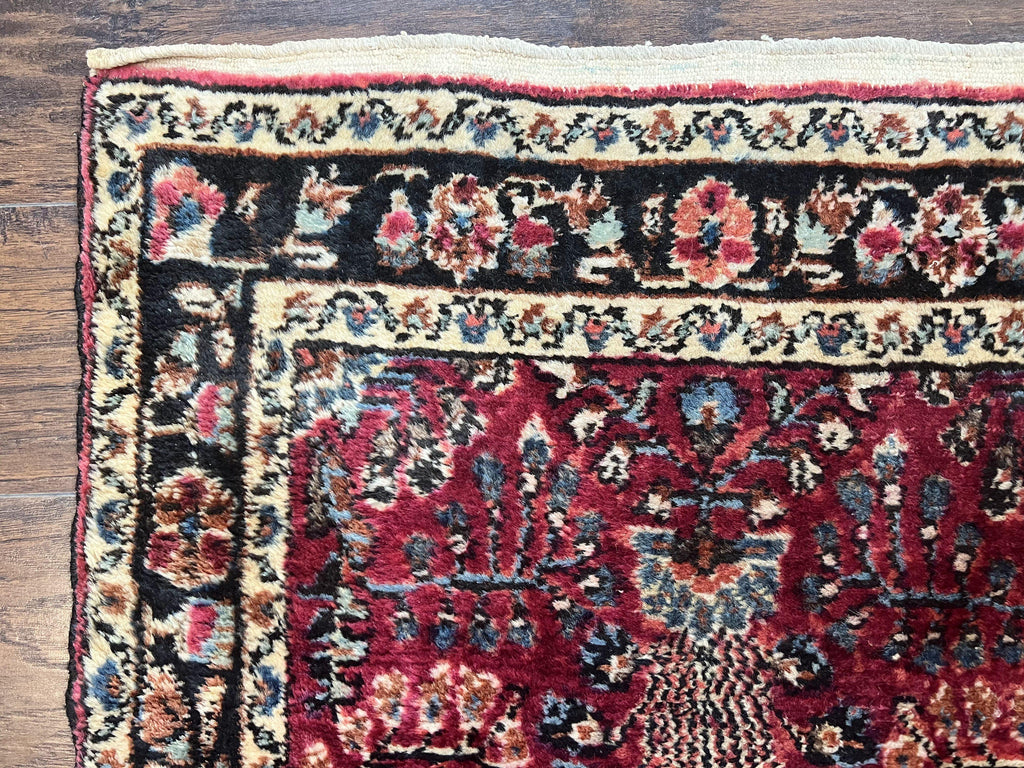 Antique Persian Runner Rug 2.9 x 17, Rare Sarouk Runner, Handmade Wool Rug for Hallway, Red, Floral