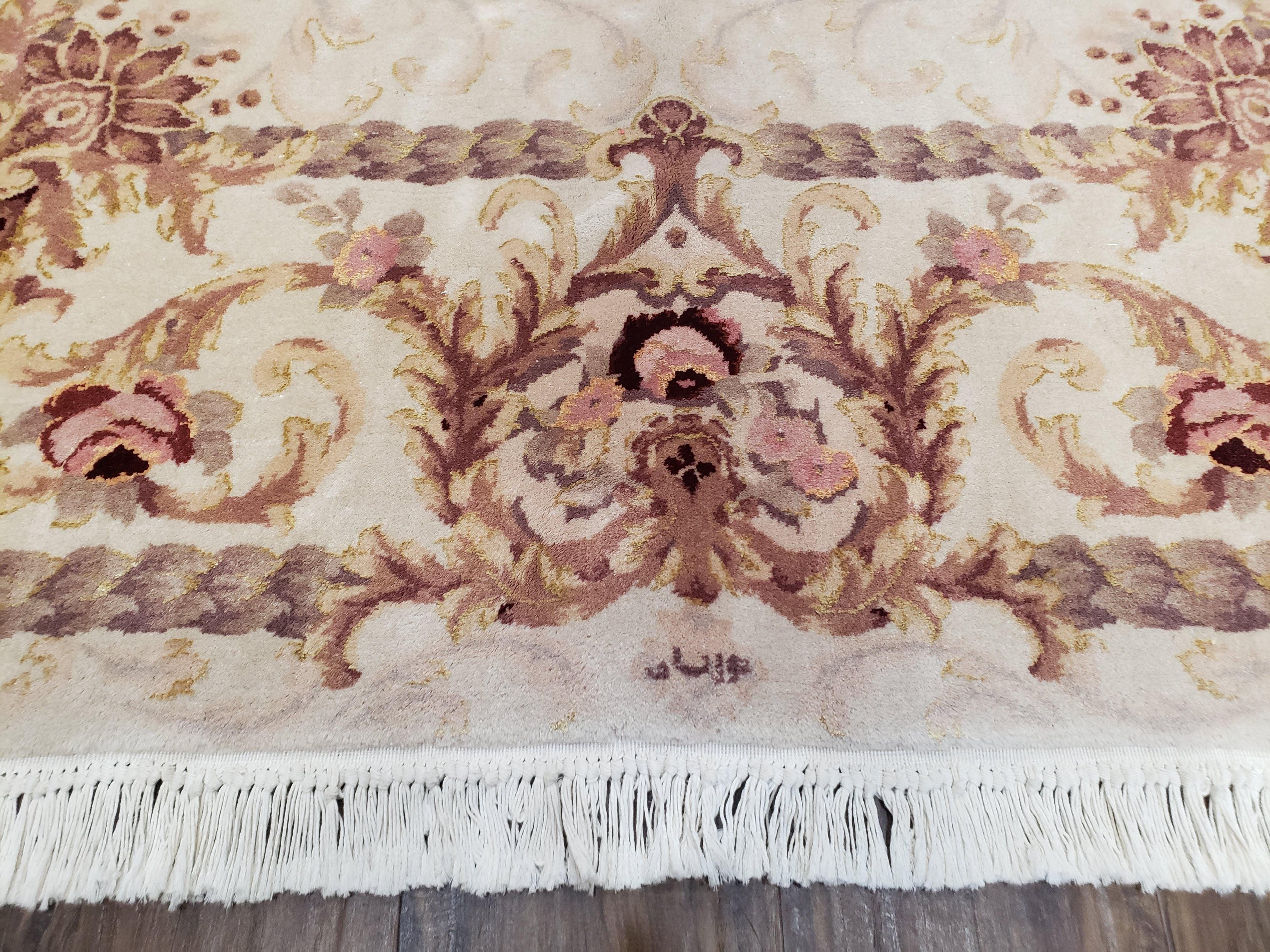 Vintage Ivory Chinese Aubusson Area Rug 6x9, Wool & Silk, Hand-Knotted 120 Line Fine Rug, European Design Carpet, 6 x 9 Master Signature Rug