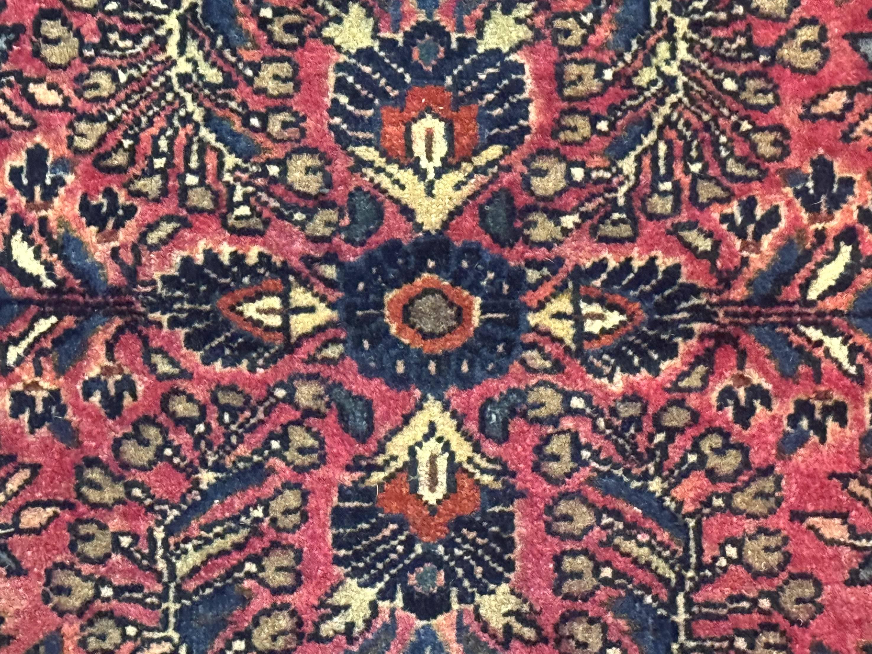 Small Antique Persian Sarouk Rug 2x2 ft, Red 1920s Wool Rug