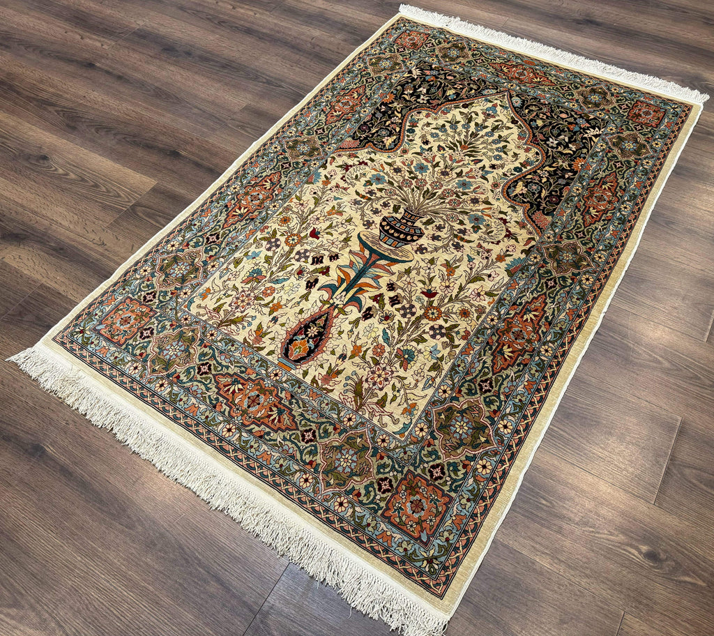 Rare Turkish Hereke Silk Rug 3x5, Tree of Life Persian Vase Design, Very Fine 440 KPSI, Signed