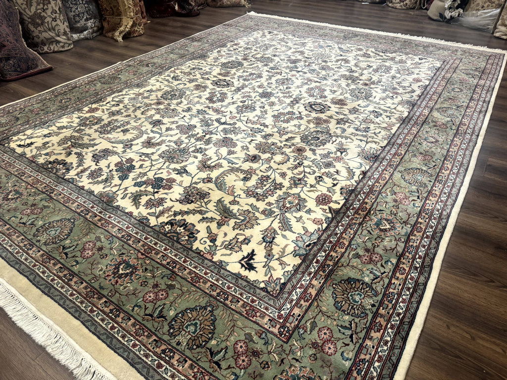 Indo Persian Rug 9x12, Allover Floral Pattern, Ivory & Green, Traditional Oriental Carpet