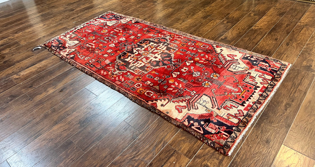 Antique Persian Tribal Rug 4 x 8, Geometric Medallion, Boho Rug, Wool Handmade Rug, Red 4x8 Rug, Persian Hamadan Rug