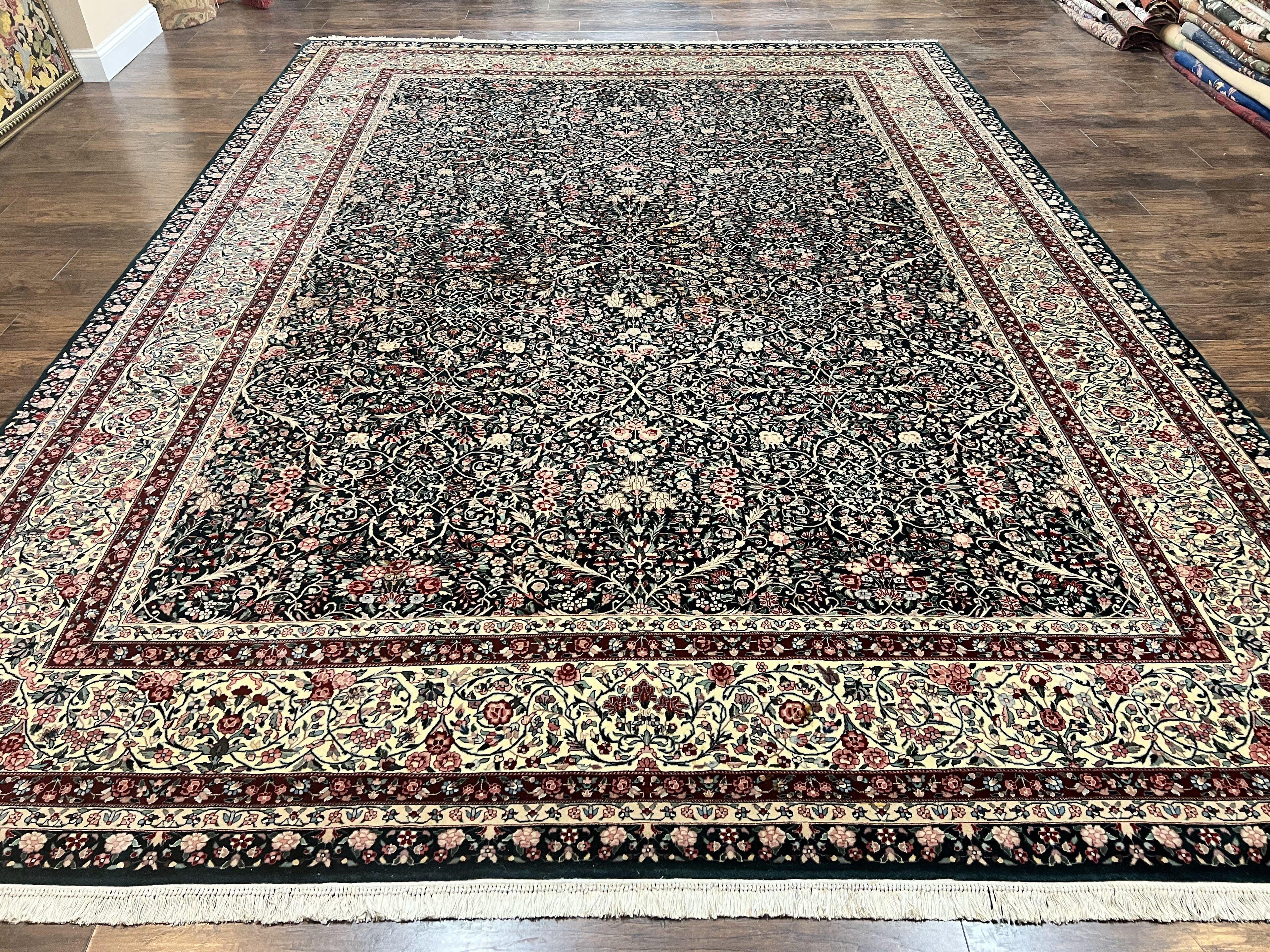 Large Sino Persian Rug 10x14, Wool Hand Knotted Vintage Carpet, Dark Green & Beige, Kirman Floral Rug, Fine Weave, Traditional, Large