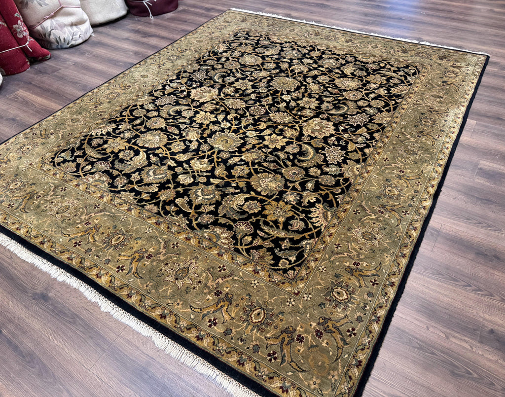 Indo Persian Rug 8x10, Black and Green, Wool, Handmade, Traditional, Floral Allover, Vintage