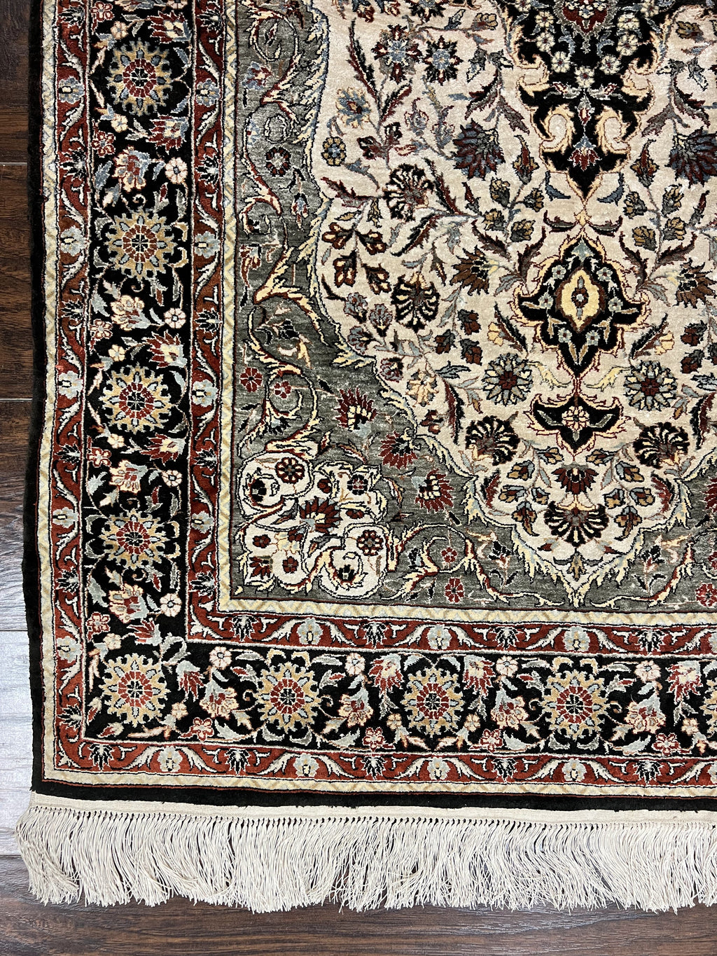Silk Sino Persian Rug 3x5, Floral Medallion, Hand Knotted Silk Pile Silk Foundation, Traditional Silk Handmade Oriental Carpet, Cream Black