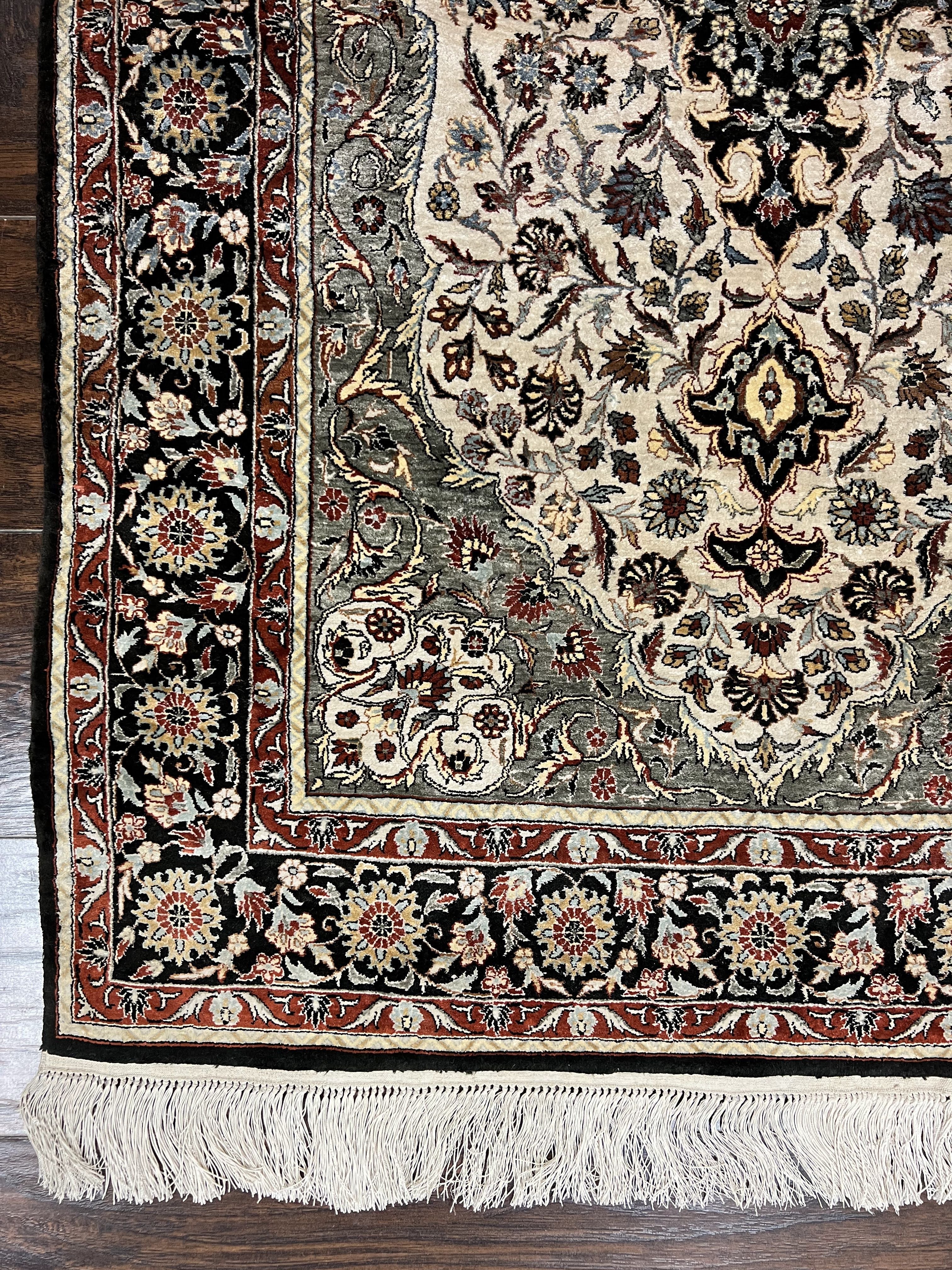 Silk Sino Persian Rug 3x5, Floral Medallion, Hand Knotted Silk Pile Silk Foundation, Traditional Silk Handmade Oriental Carpet, Cream Black