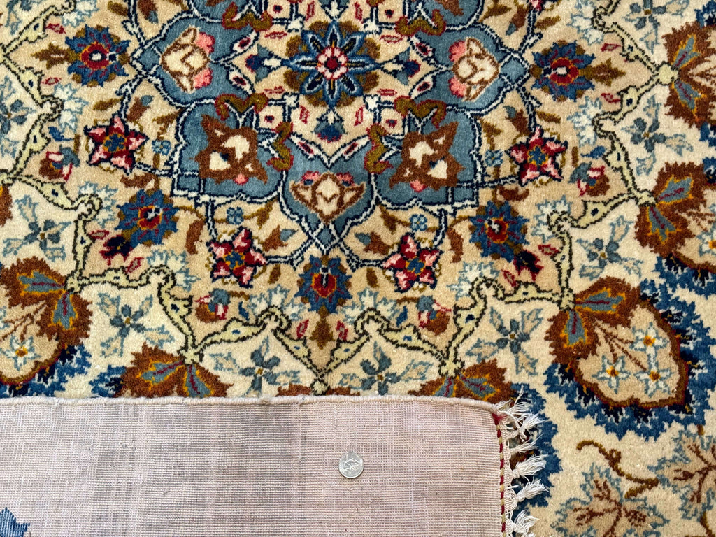 Persian Kashan Rug 9 x 12.6, Ivory and Blue, Floral Medallion, Wool Hand Knotted Semi Antique Carpet