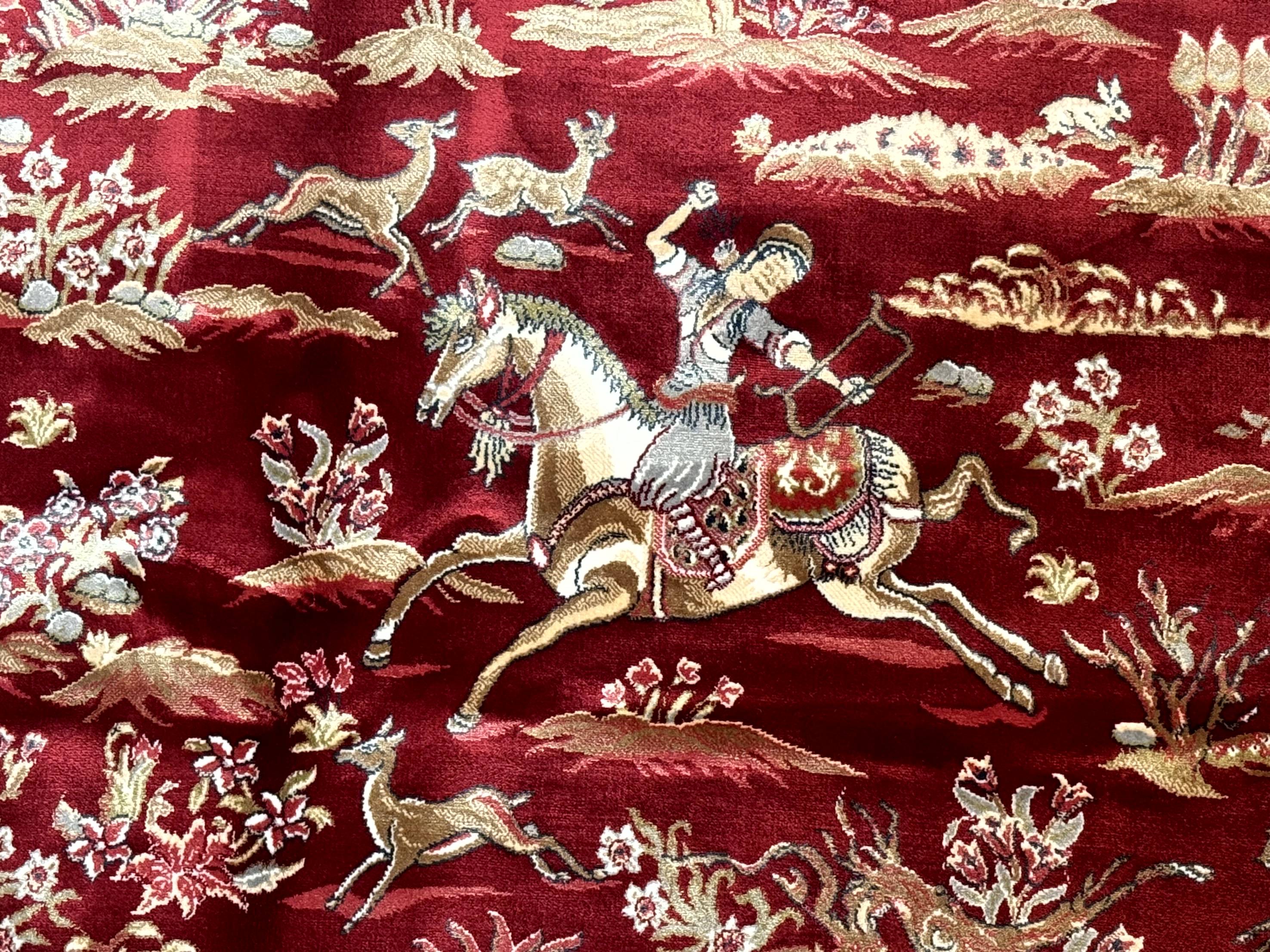 Turkish Silk Hunting Scene Rug 5 x 7.6, Red & Ivory, Bamboo Silk, New