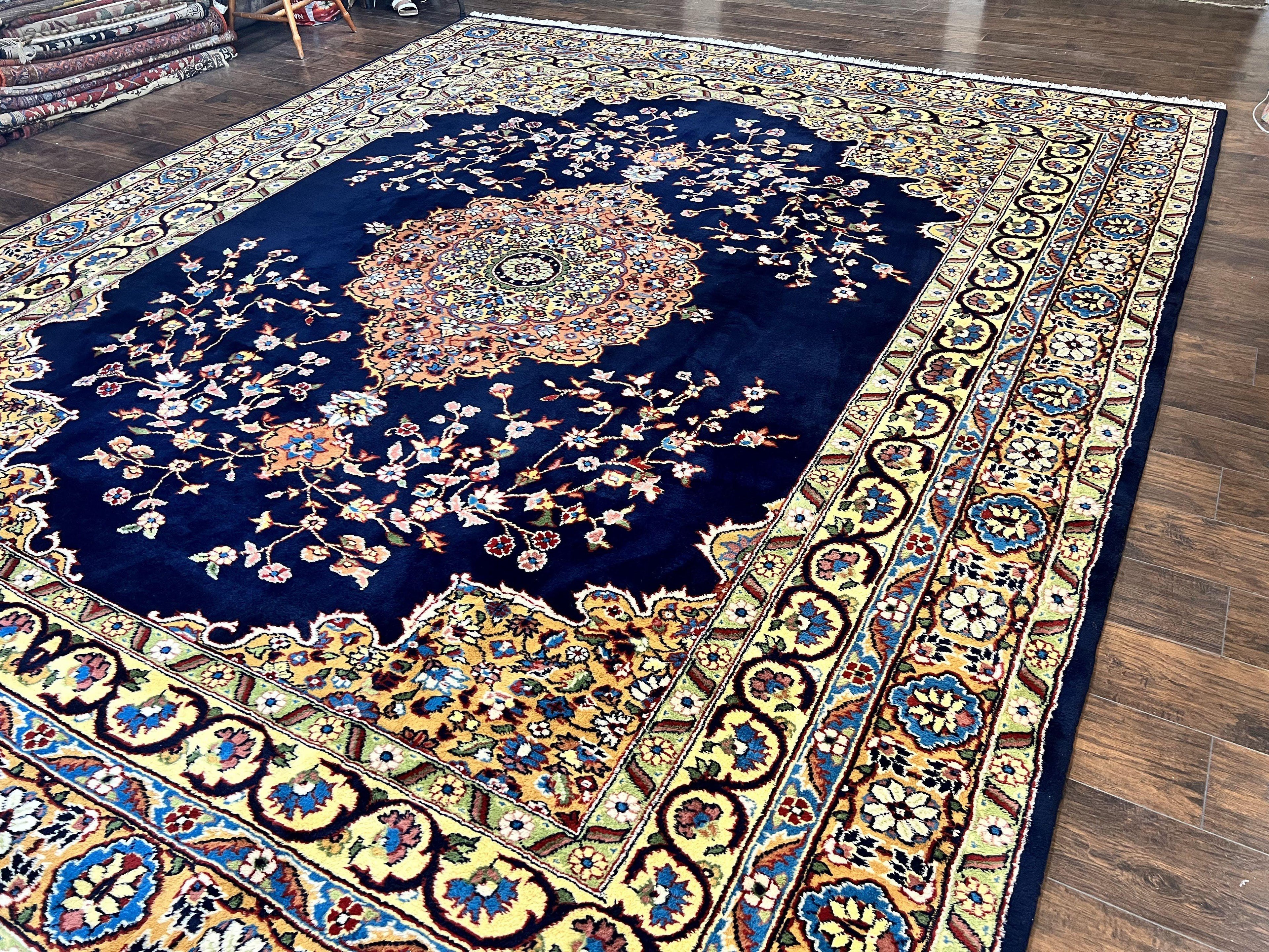 Indo Persian Rug 12x15, Mahal Sarouk Rug 12 x 15, Wool Hand Knotted Vintage Carpet, Navy Blue, Oversized Rug, Center Medallion
