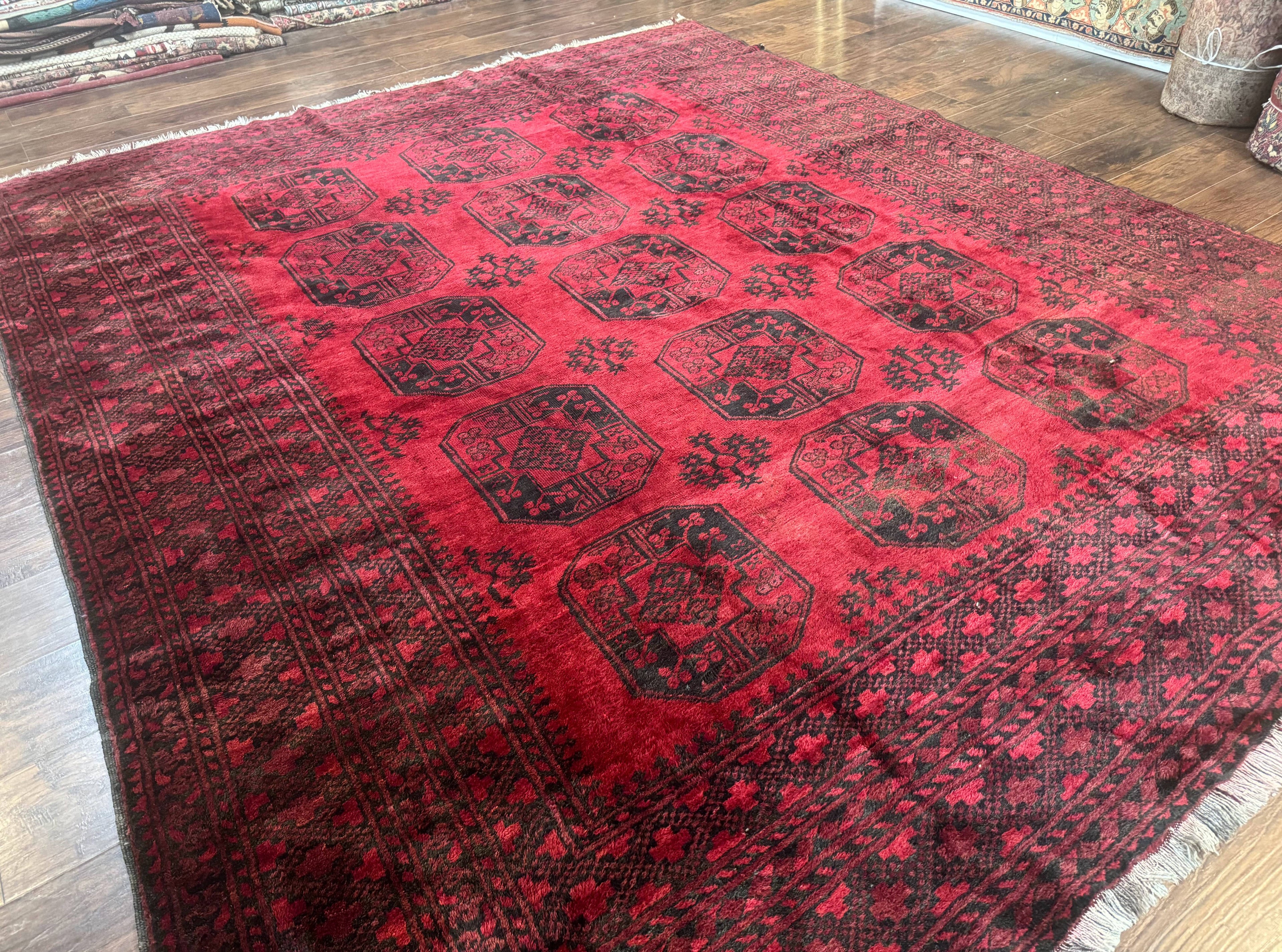 Afghan Turkoman Rug 9x10, Red Beshir Carpet, Tribal, Wool, Antique