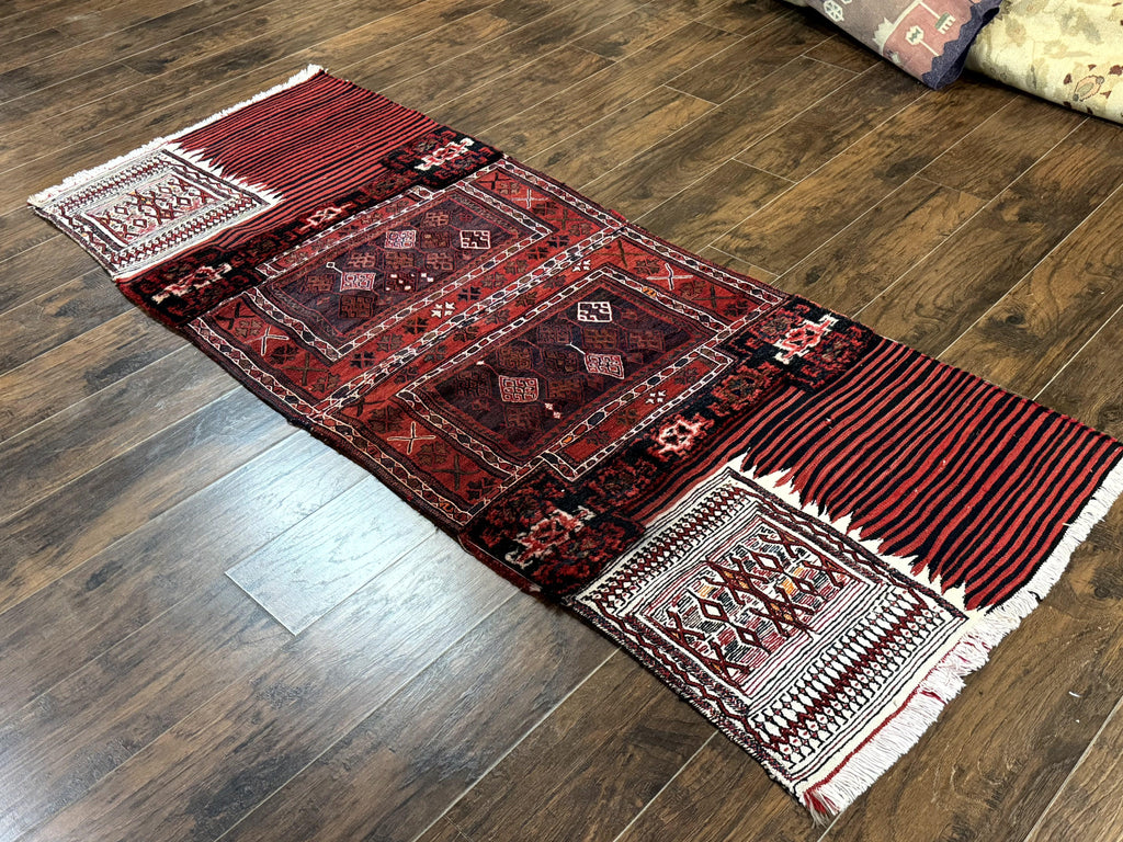 Persian Tribal Nomadic Saddle Cover Rug, Antique, Handmade, Wool, Red Ivory Black, Collectible, Shahsavan