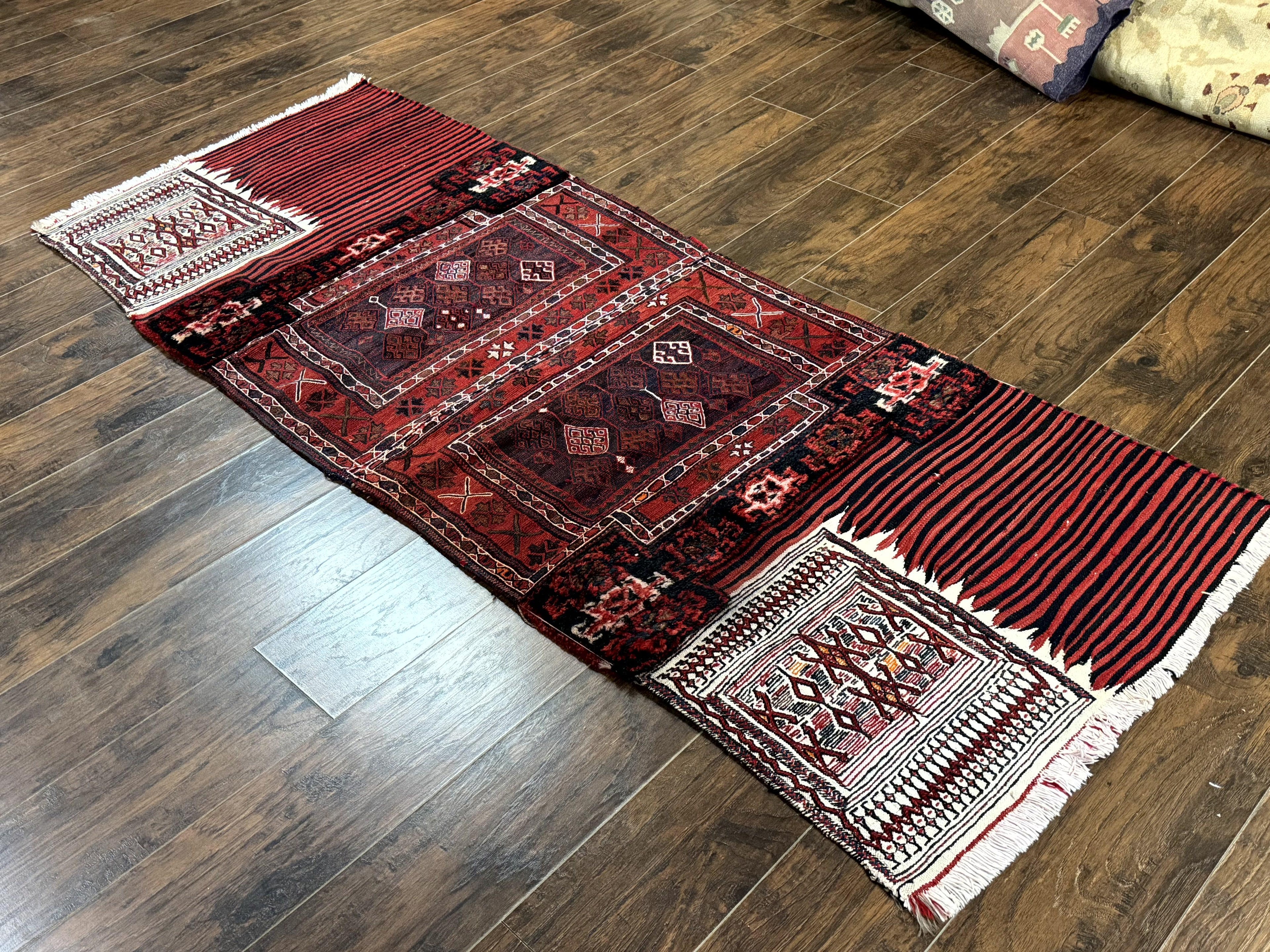 Persian Tribal Nomadic Saddle Cover Rug, Antique, Handmade, Wool, Red Ivory Black, Collectible, Shahsavan