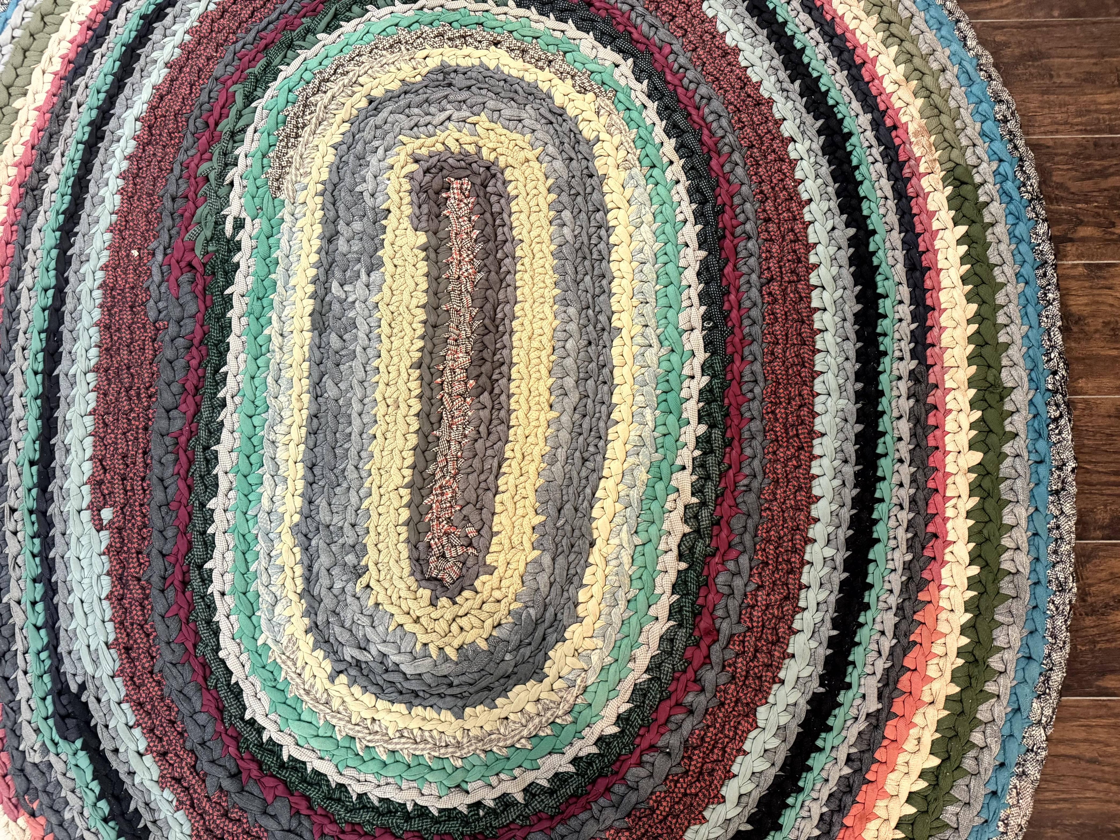 Antique American Braided Rug 5x7, Oval Multicolor Handmade Wool Braided Carpet