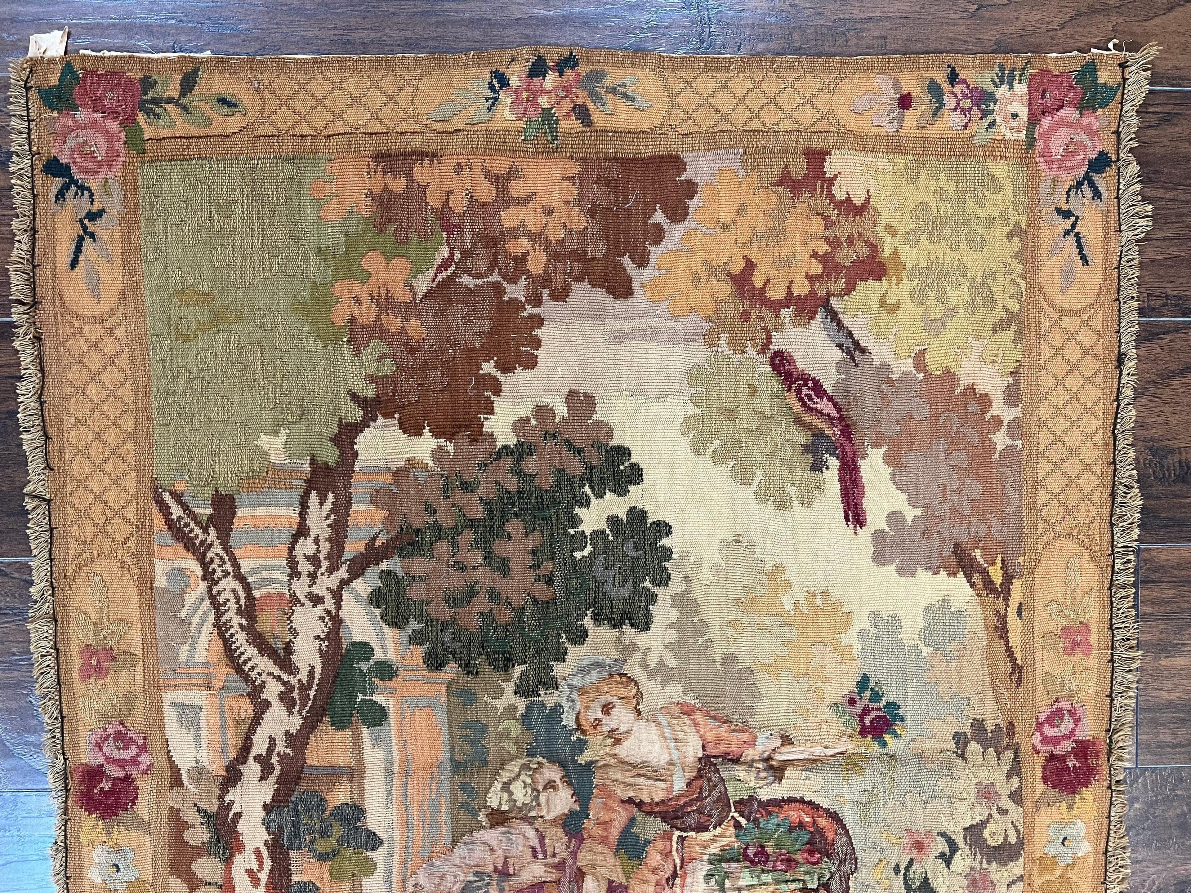 Antique Tapestry 3x4, European French Tapestry, Hand Loomed Victorian Tapestry, Vintage Wool Tapestry 3 x 4 ft