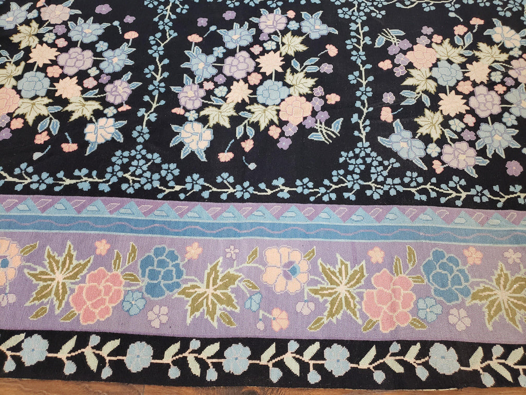 Chinese Needlepoint Rug 8 x 11.4, Hand-Woven Area Carpet, Flatweave Rug, Black Blue Light Violet Floral Garden European Design Wool Aubusson