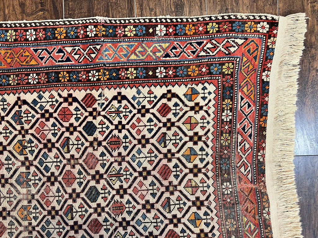 Antique Caucasian Rug 4x5, Hand Knotted Handmade Shirvan Oriental Carpet, Ivory Red Rug Allover Pattern, Rare Wool Rug, Tribal Geometric Rug