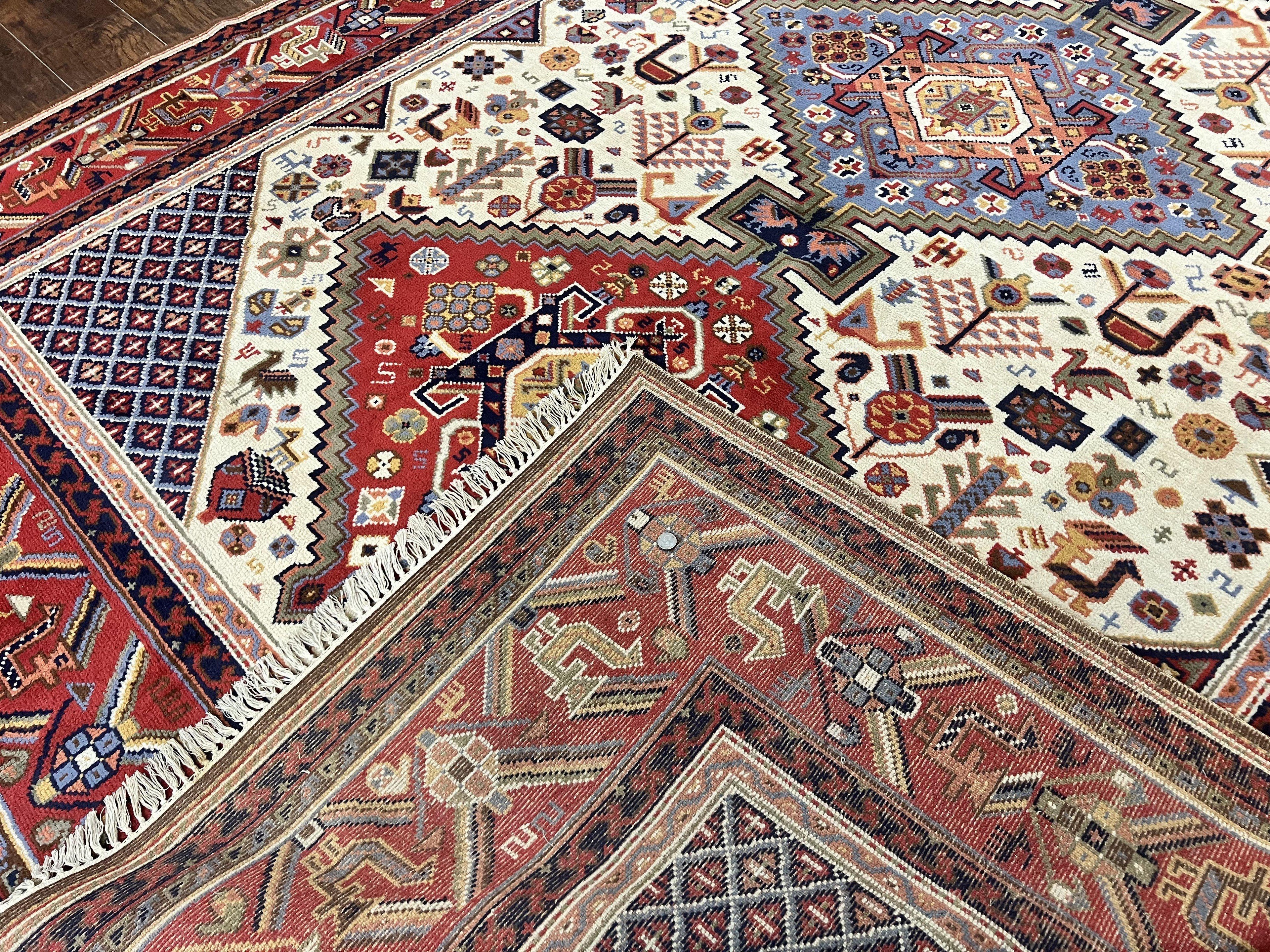 Belgium Power Loomed Rug 8x12, Geometric Medallions Persian Tribal Pattern, Vintage Wool Carpet, Ivory Red Blue