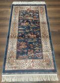 Turkish Silk Hunting Scene Rug 2.6 x 5, Dark Steel Blue & Ivory, Bamboo Silk, New