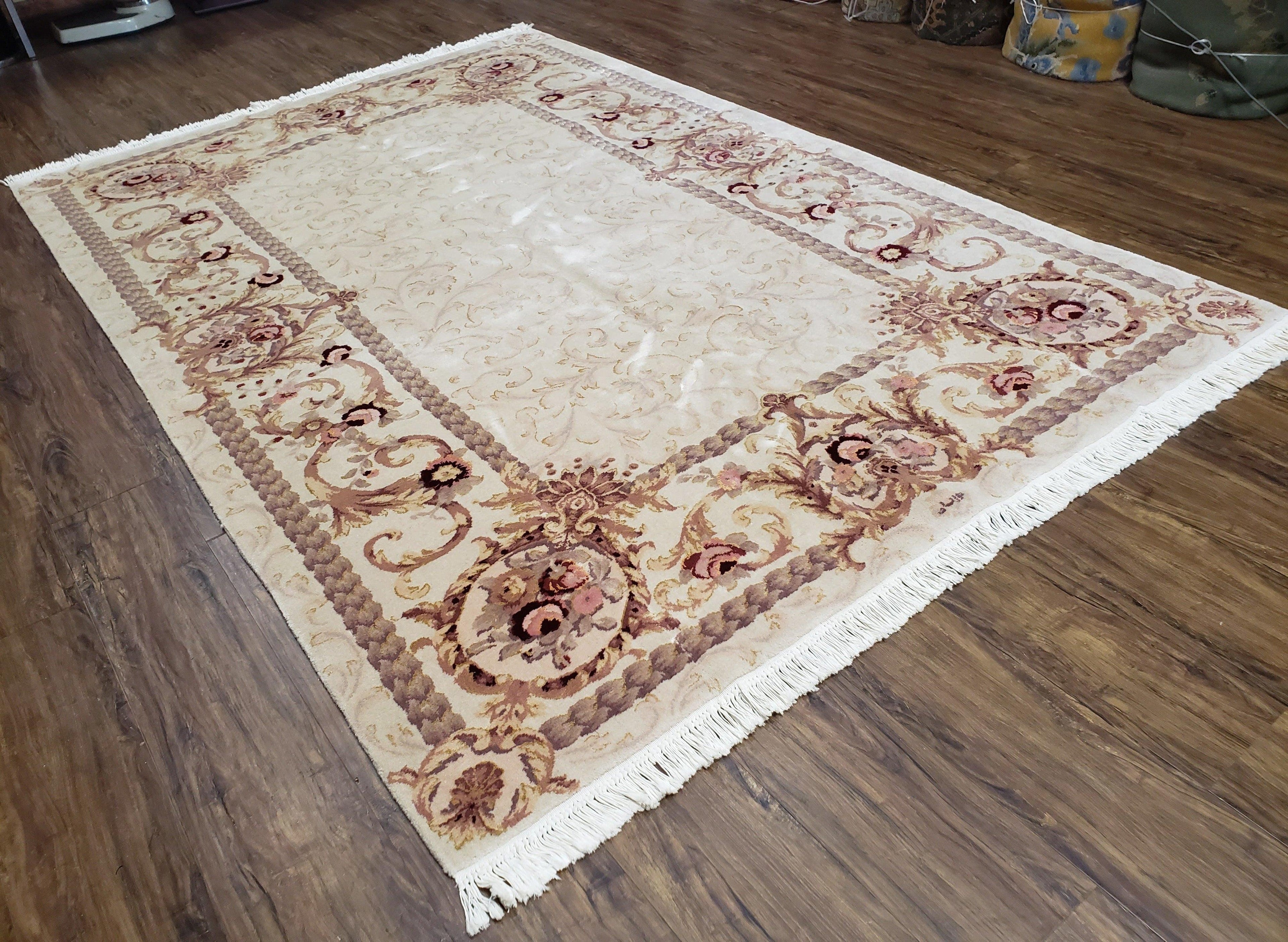 Vintage Ivory Chinese Aubusson Area Rug 6x9, Wool & Silk, Hand-Knotted 120 Line Fine Rug, European Design Carpet, 6 x 9 Master Signature Rug