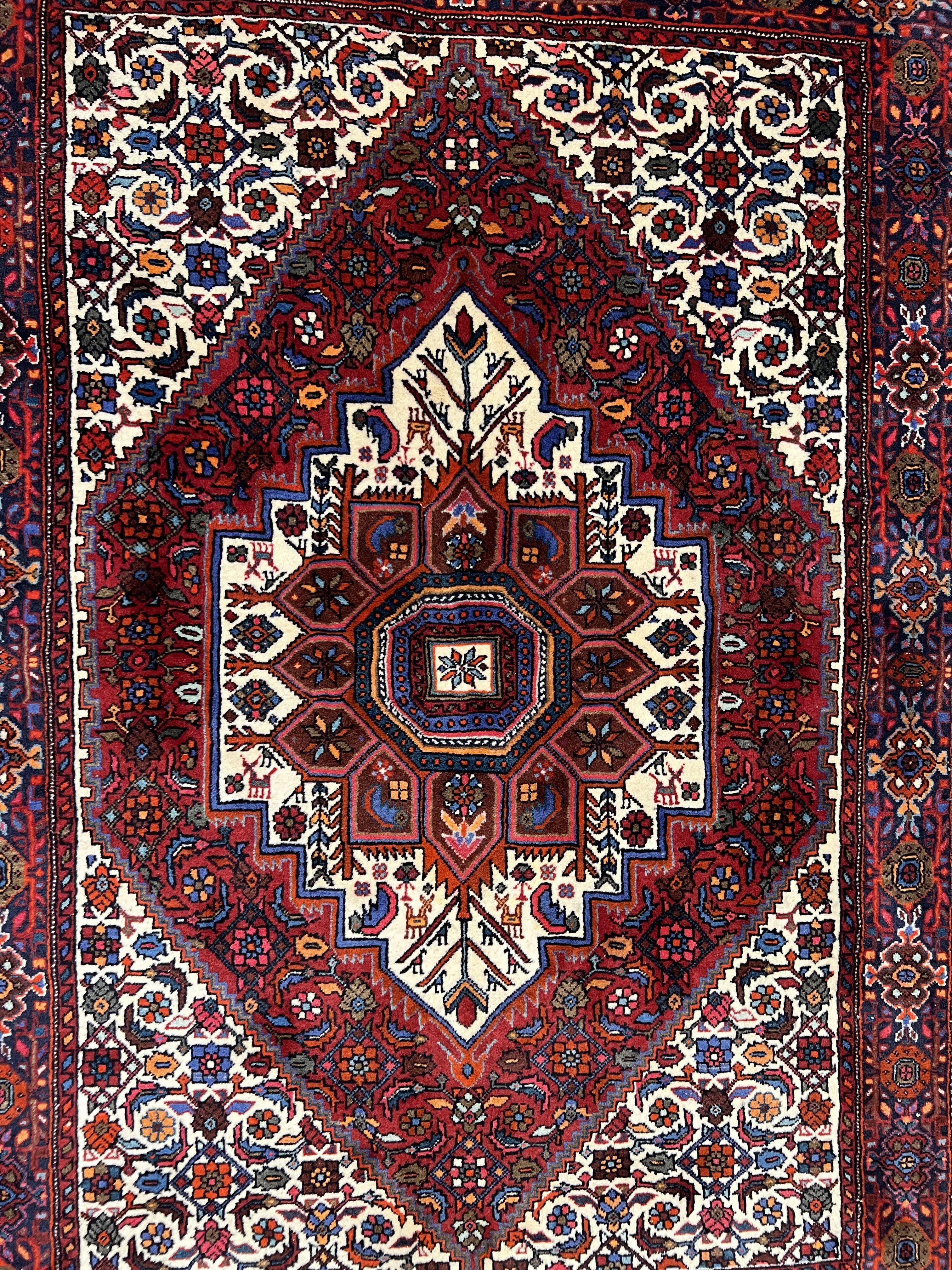 Fine Persian Bidjar Rug 3x5, Geometric Medallion Oriental Bijar Carpet 3 x 5 ft, Ruby Red and Cream, Hand Knotted Wool Rug, Semi Antique Tribal Rug, Nice